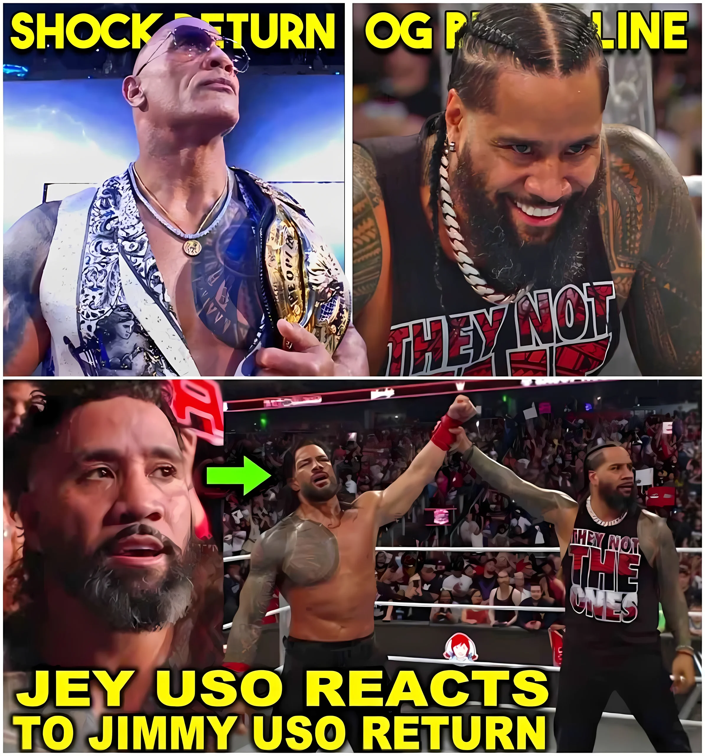 Cover Image for The Rock Shock Return…Jimmy Uso Back…Fans Hate New WWE Title…Goldberg Returns…Bad Blood 2024