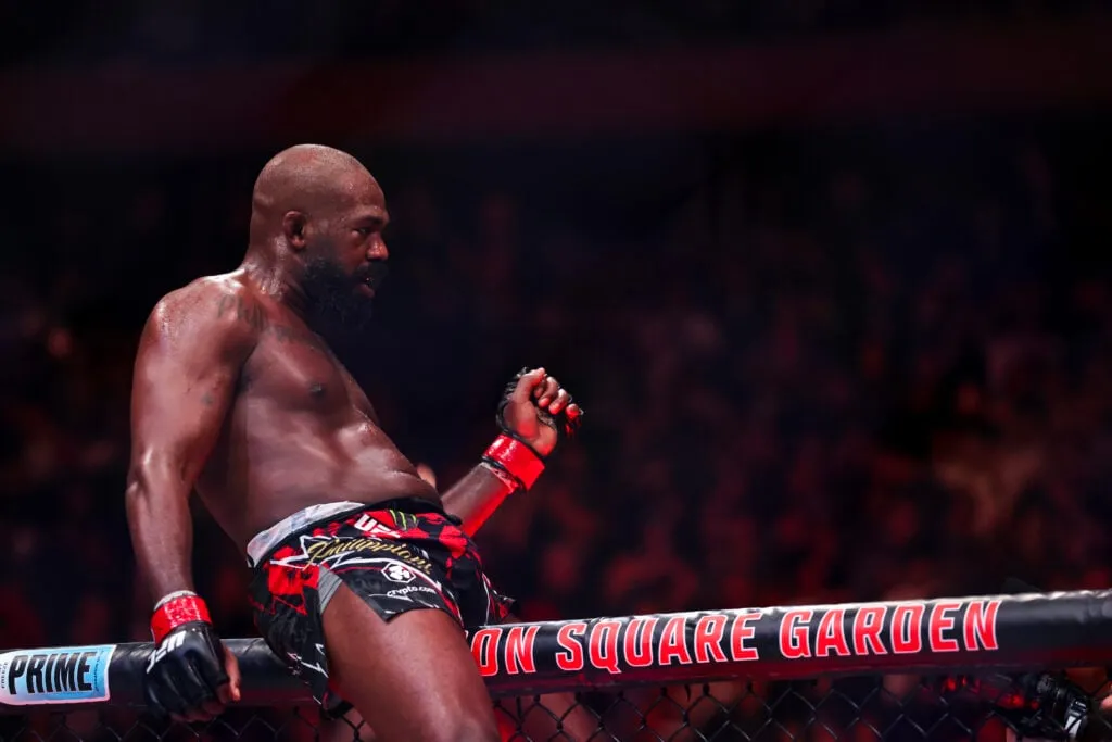 Jon Jones of the United States of America reacts after his TKO victory against Stipe Miocic of the United States of America in the UFC heavyweight ...