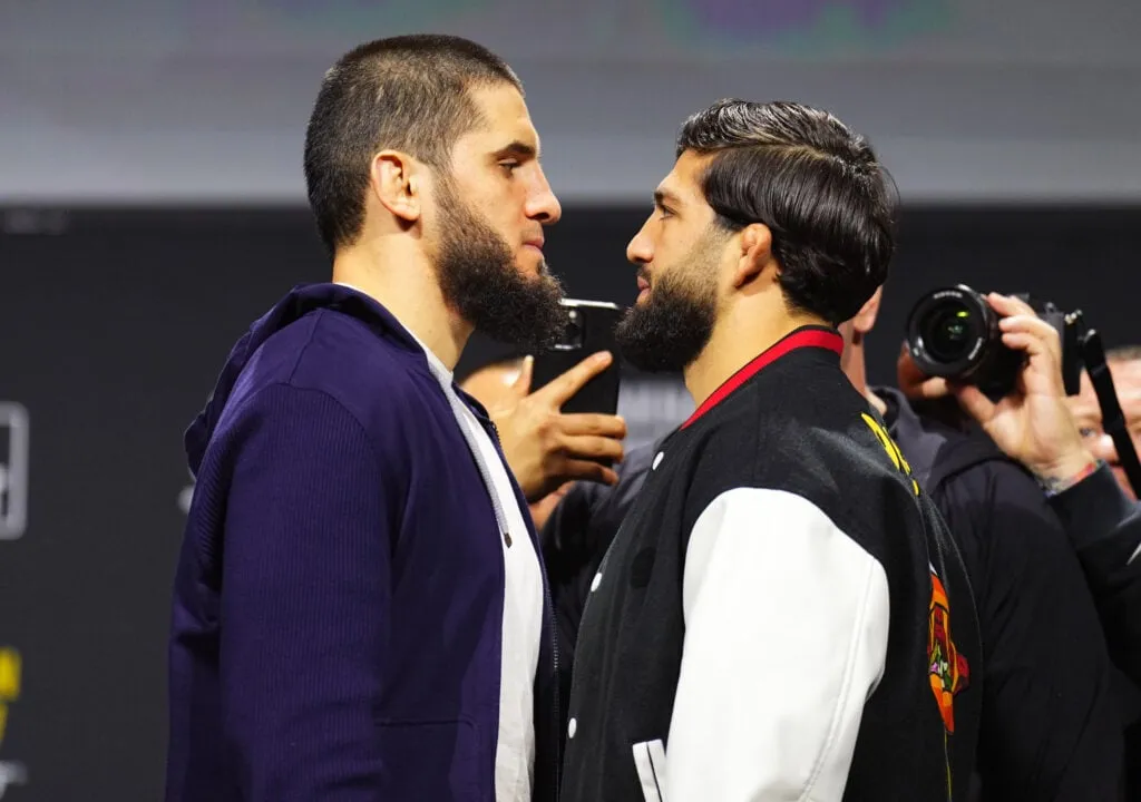 (L-R) Opponents Islam Makhachev of Russia and Arman Tsarukyan of Georgia face off during the UFC 311 press conference at MGM Grand Garden Arena on ...