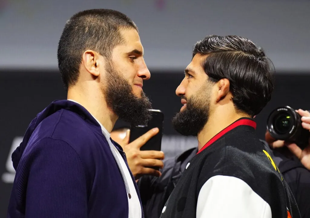 (L-R) Opponents Islam Makhachev of Russia and Arman Tsarukyan of Georgia face off during the UFC 311 press conference at MGM Grand Garden Arena on ...