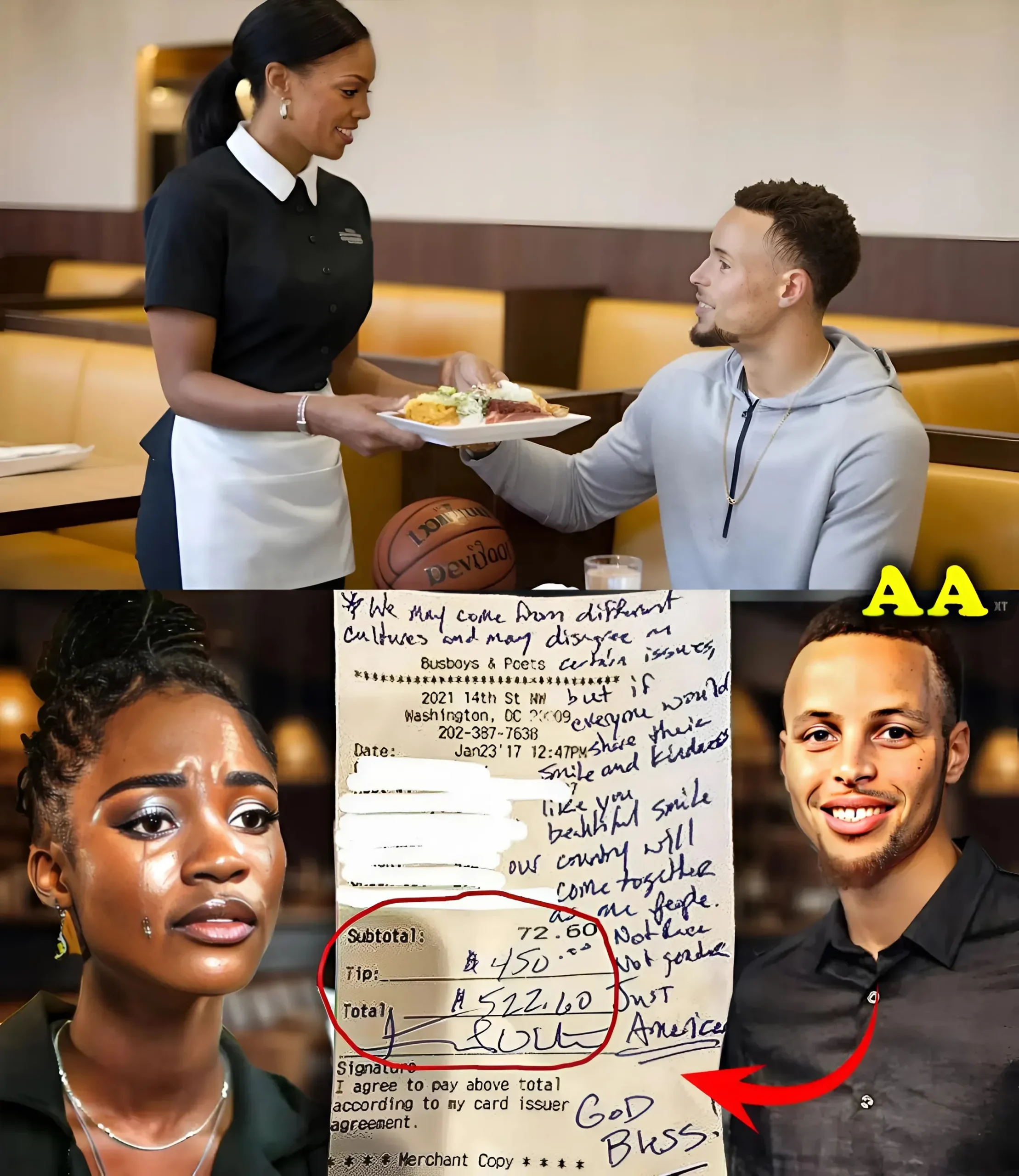 Cover Image for Eine schwarze Kellnerin bedient Steph Curry, sieht eine Notiz auf der Rechnung und bricht in Tränen aus. Nach einem Restaurantessen war Steph Curry vom außergewöhnlichen Service einer schwarzen Kellnerin gerührt und hinterließ dann eine Nachricht, die ihr Tränen in die Augen trieb.