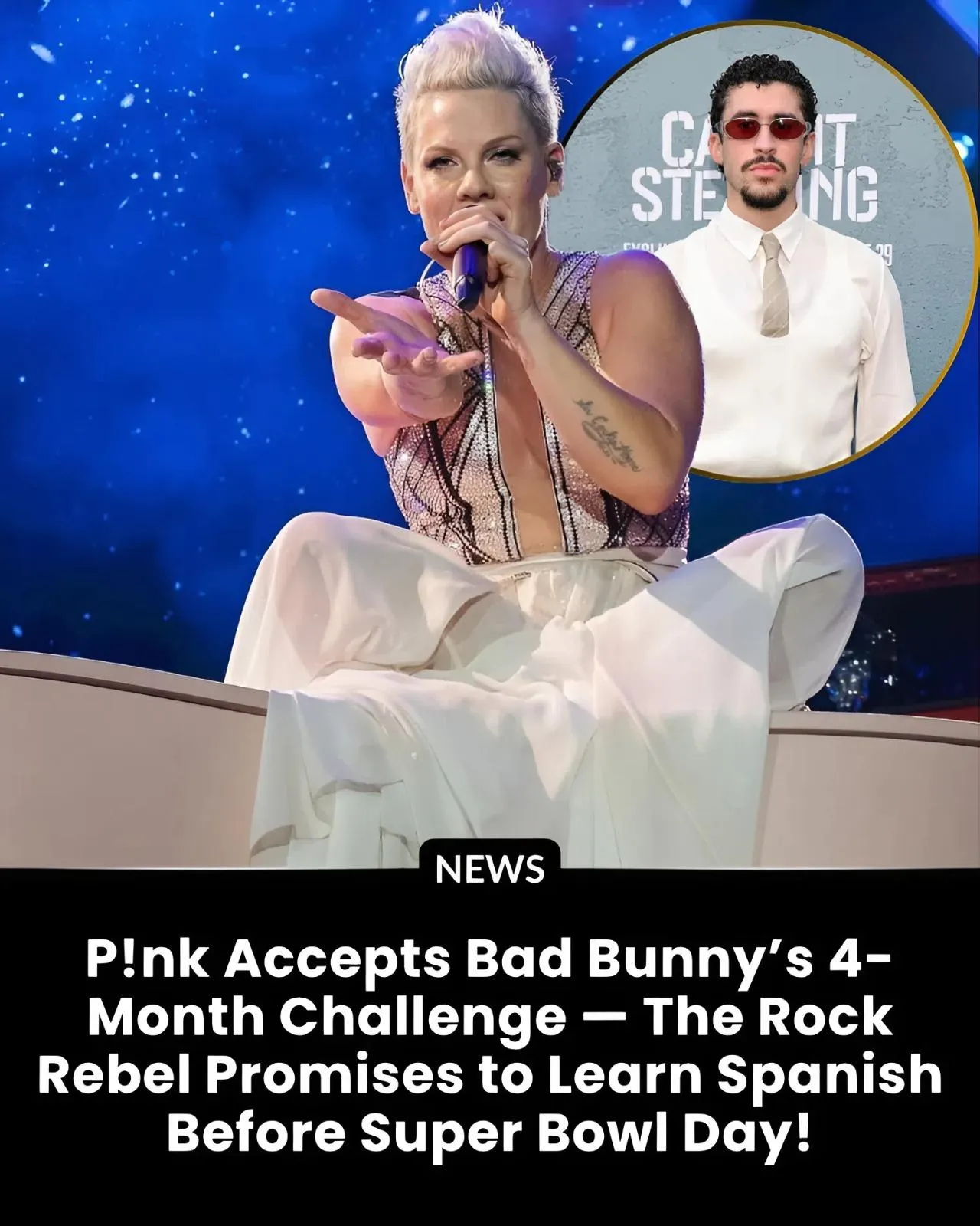Cover Image for When Bad Bunny told the world they had “four months to learn Spanish,” P!nk didn’t just laugh — she took the challenge head-on. Midway through her Las Vegas show, the powerhouse rocker grinned and declared, “I’ve started learning Spanish, people!” sending the crowd into a frenzy. But it was what she said next that hit home: “Music connects us before words ever do. It’s soul — not subtitles.” Leave it to P!nk to turn a viral moment into a rallying cry for unity, rhythm, and rebellion.