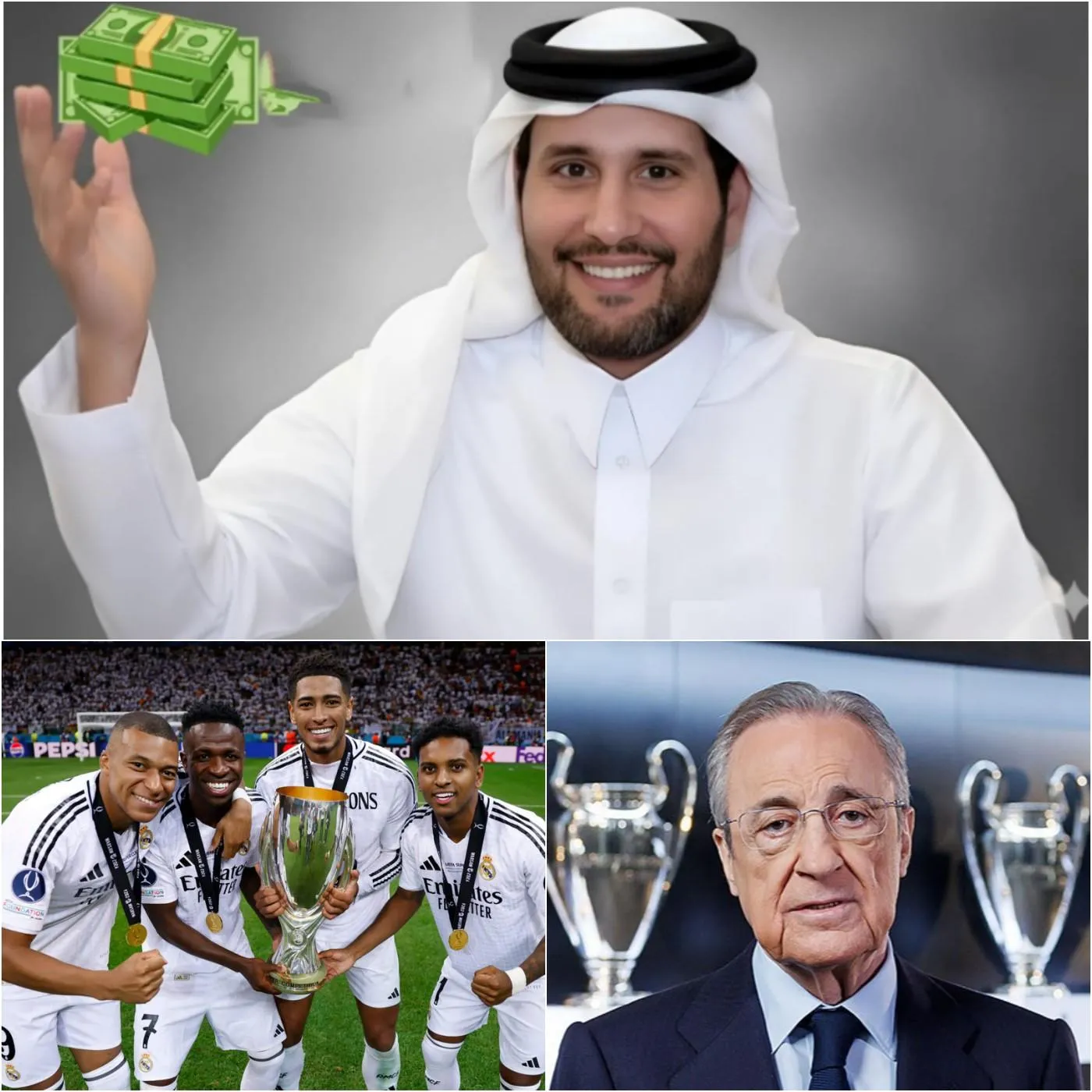 Cover Image for ¡Muchísima información indica que el REAL MADRID está al borde de la quiebra! Con una deuda de 2 MIL MILLONES de dólares, el club parece estar ahogándose… ¡Hasta que Sheikh Jassim, el millonario qatarí, hizo una oferta ENORME para comprar el club! ¿Su promesa? “Ayudar al REAL MADRID a llegar rápidamente a la cima de Europa.” La reacción de la directiva del REAL MADRID sorprendió al mundo entero.