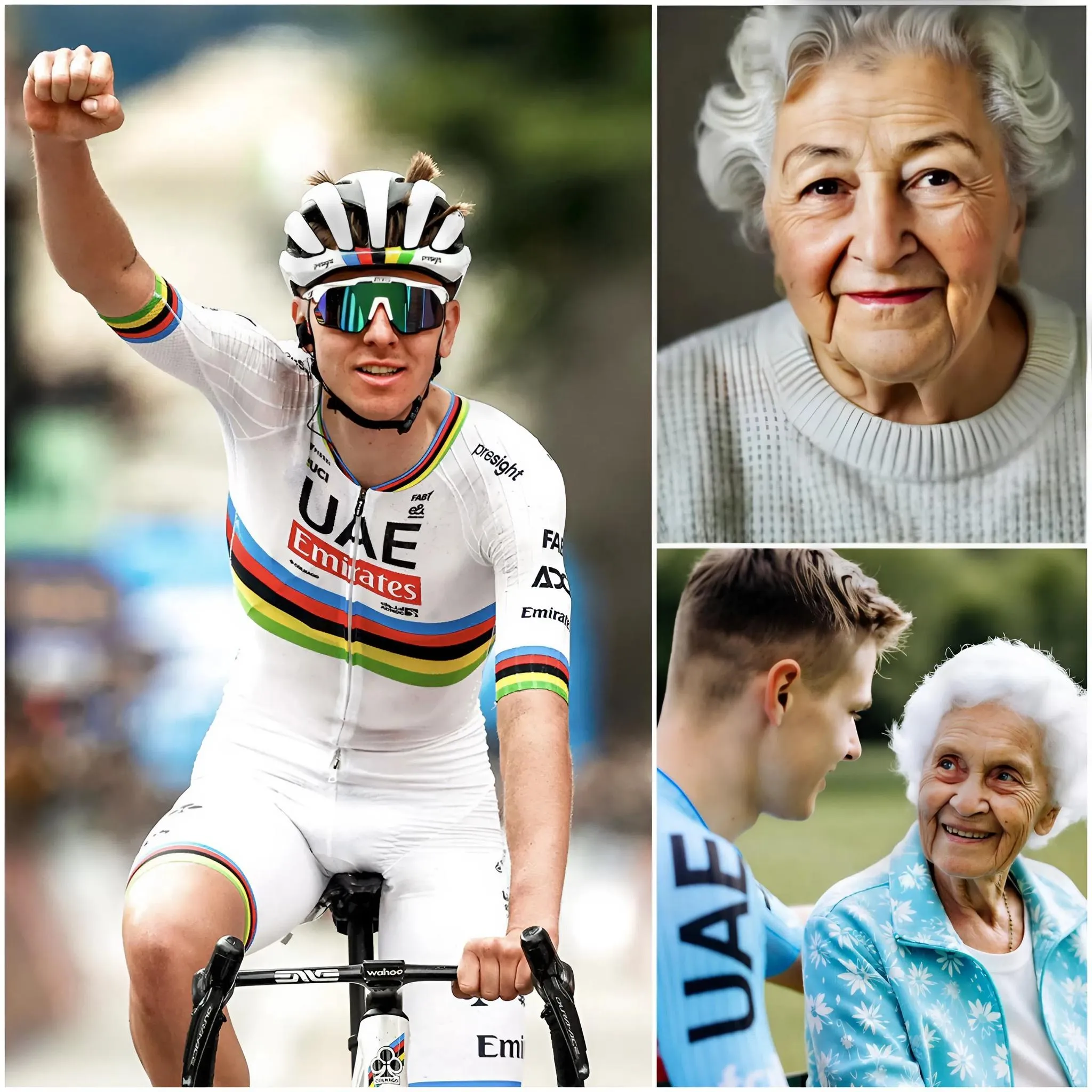 Cover Image for Le cycliste slovène Tadej Pogačar a été surpris lorsque sa voisine de 89 ans, Norma Cook, l’une de ses plus grandes admiratrices, lui a envoyé une lettre l’invitant à emménager chez elle après la détérioration de sa santé due à une leucémie. Les médecins ont expliqué à Norma qu’elle ne pouvait pas quitter l’hôpital sans assistance 24h/24 et qu’elle n’avait pas de famille à proximité. La réponse de Tadej a cependant laissé tout le monde sans voix, et Norma Cook n’a pas pu contenir son émotion !