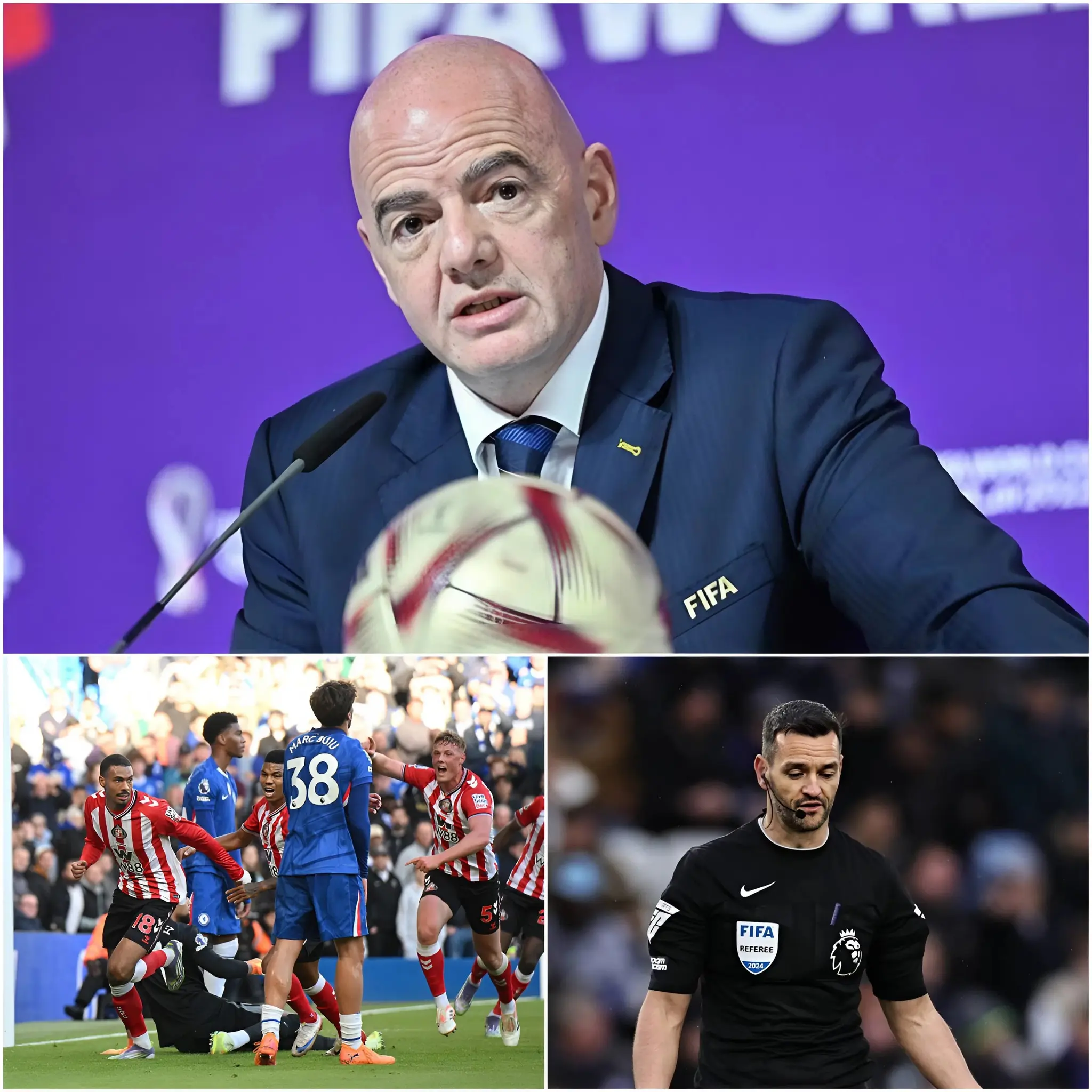 Cover Image for FIFA has stunned the world by sacking the entire officiating crew from the Chelsea vs Sunderland match — a decision that has sent shockwaves through global football. Insider sources have revealed that newly surfaced footage shows referee Michael Oliver deliberately ignoring a brutal foul that led to Sunderland’s controversial goal. But the earthquake doesn’t stop there — Sunderland’s victory now hangs in serious doubt, and leaked reports suggest the club could be facing a shocking points deduction that could shake the Premier League to its core.