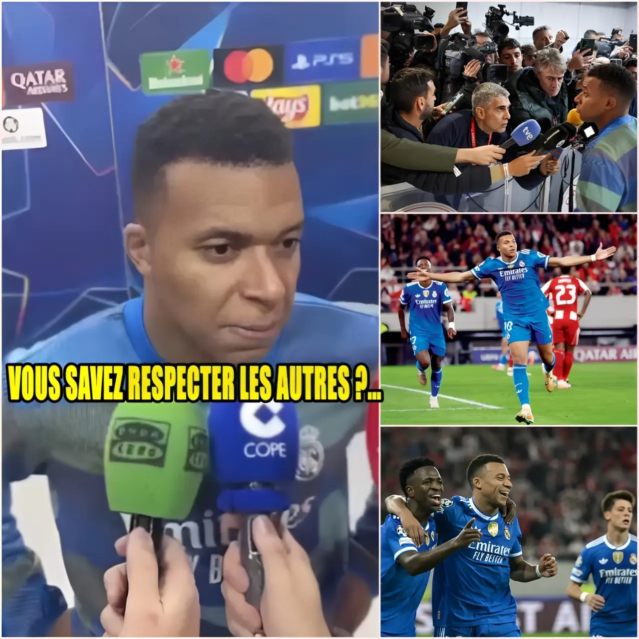 Cover Image for “¿SABES RESPETAR A LOS DEMÁS?…” – Mbappé formuló esta pregunta mordaz en la sala de prensa tras la victoria por 4-0 contra el Olympiacos. El periodista Toribio acababa de preguntar sobre la “dependencia” del Real Madrid hacia él cuando la entrevista se paralizó repentinamente, la cámara captando cada microexpresión. Una fuente interna del equipo reveló que la mirada de Mbappé recorrió toda la sala, como indicando que había temas “prohibidos”. La conmoción se extendió de inmediato, pero parte de la historia permanece sin contar, dejando un misterio perdurable.