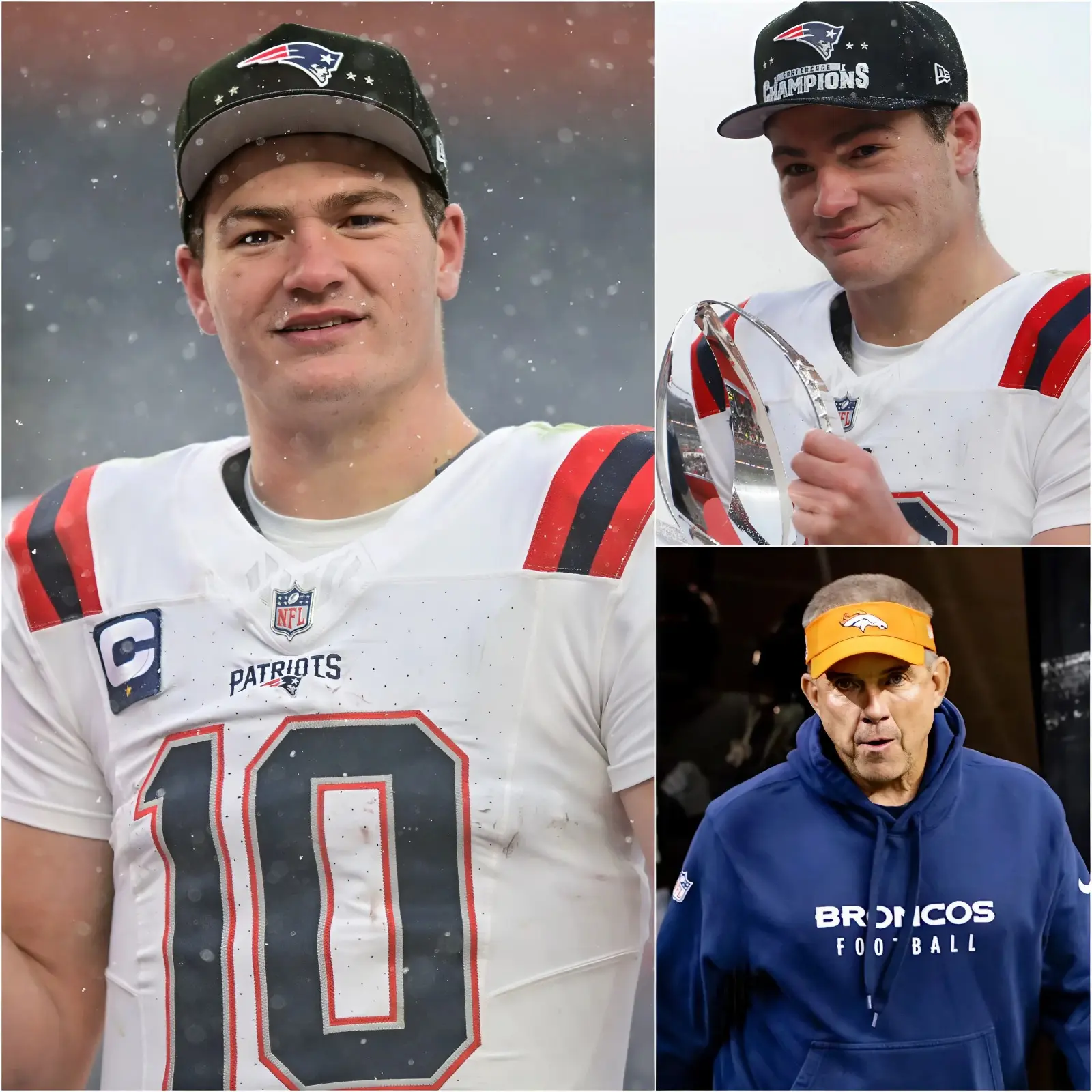 Cover Image for ⚡ “Get lost, you cheater!” Just moments after the crushing 7-10 defeat to the New England Patriots at Empower Field at Mile High in a regular-season NFL clash, Denver Broncos head coach Sean Payton, face burning with fury, jabbed a finger straight at Patriots quarterback Drake Maye and furiously accused the young star of employing secret high-tech gadgets to “cheat,” calling for an urgent NFL probe. Five minutes later, surrounded by a forest of television cameras, Drake Maye deliberately raised his head, a frosty smirk playing across his lips, and delivered exactly 15 ice-cold, cutting words. The whole stadium plunged into pandemonium, while Sean Payton remained rooted to the spot, blood draining from his face, only managing to bury his head in his hands before scrambling down the tunnel as millions of football viewers across the country watched in stunned silence… 🧡