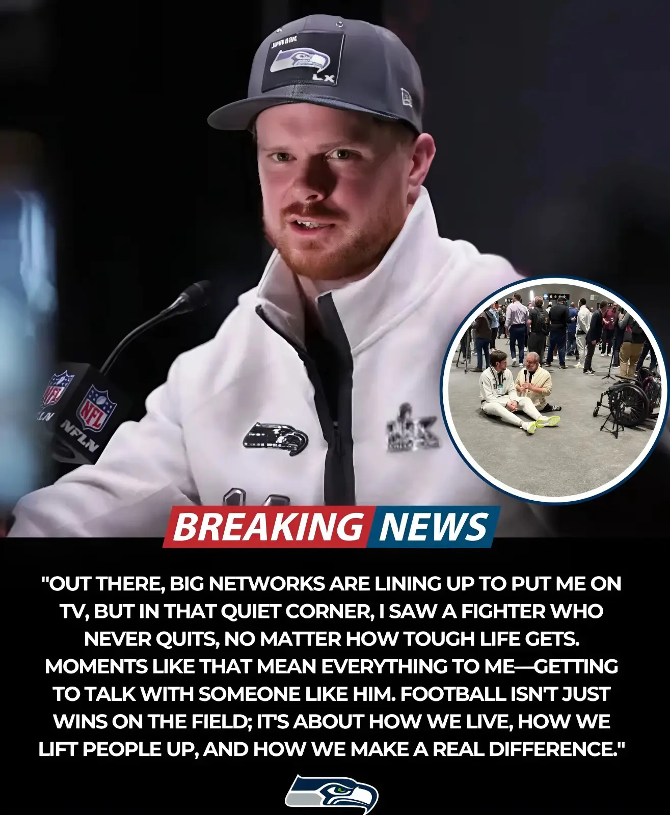 Cover Image for HEARTWARMING: Sam Darnold Shocks NFL by Skipping FOX & ESPN, Choosing to Interview Local Disabled Reporter on Super Bowl Opening Night – Viral Video of Heartwarming Moment Moves Seahawks Community to Tears