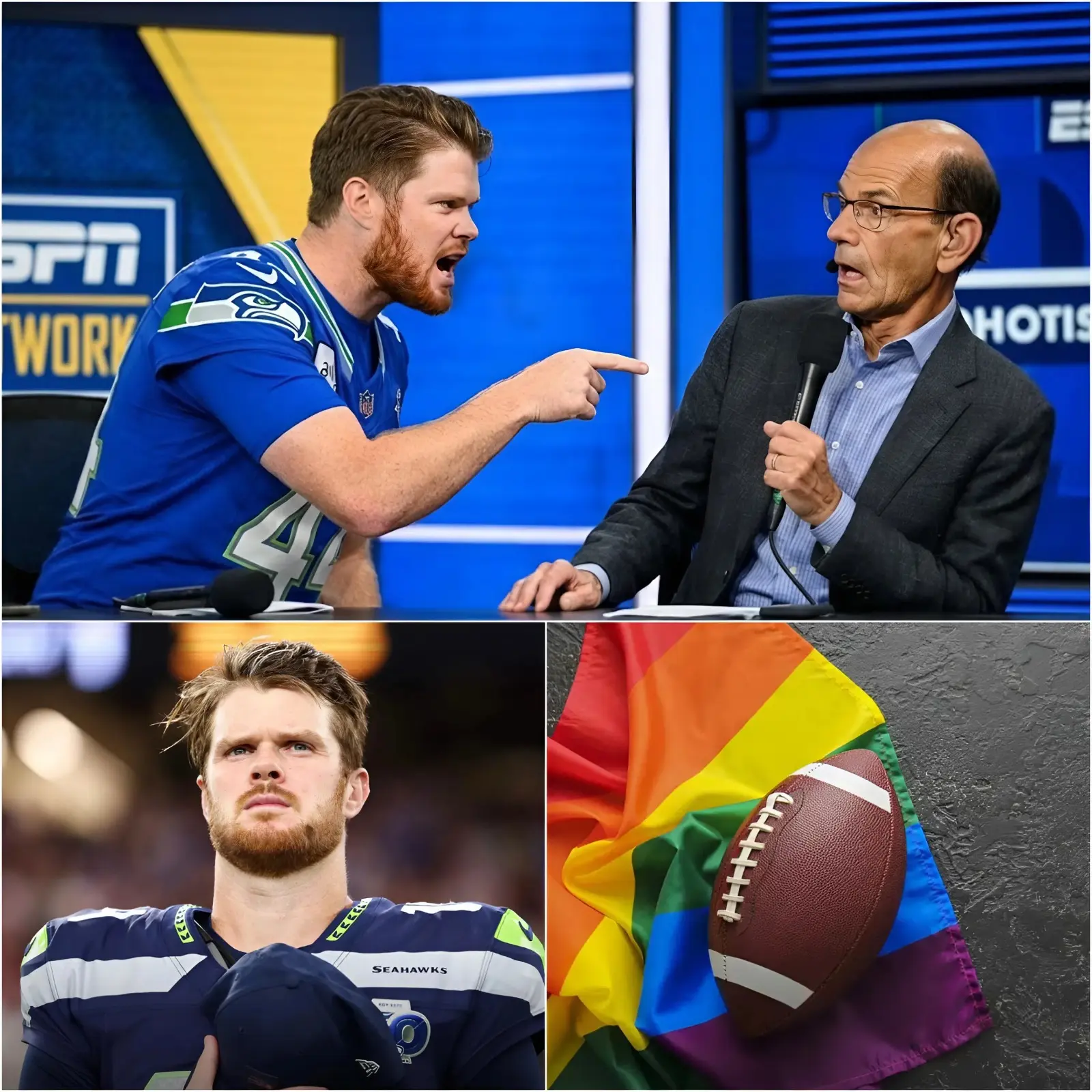 Cover Image for “SHUT UP, YOU CRAZY OLD MAN, WHAT RIGHT DO YOU HAVE TO TALK TO ME LIKE THAT!” According to sources, Seattle Seahawks quarterback Sam Darnold was abruptly interrupted during a live television broadcast when ESPN journalist Paul Finebaum suddenly launched a fierce attack, calling him a “traitor.” This occurred after Sam refused to participate in an LGBTQ+ rights awareness campaign initiated by his organization for the finals at Memorial Stadium. Minutes later, when Finebaum attempted to escalate the conflict in front of the cameras, Sam reportedly responded with a cold, precise, and powerful rebuttal that silenced the entire studio and earned enthusiastic applause from the audience. In just fourteen words, he transformed a heated debate into an unforgettable lesson in composure, respect, and self-control when facing political and media pressure.