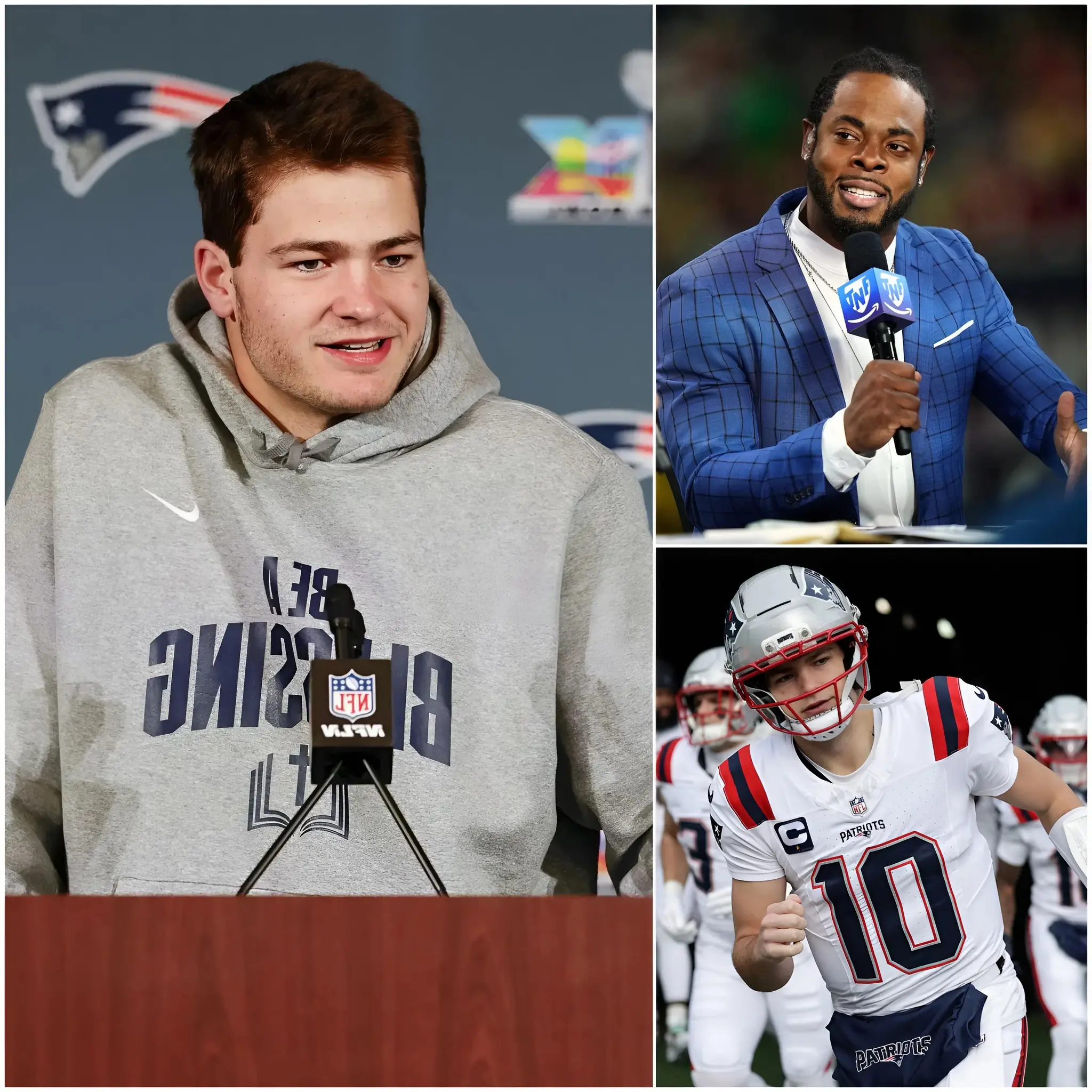 Cover Image for “HE’S A FRAGILE, OVERESTIMATED BOY WHO WILL CRASH THE MOMENT THE REAL PRESSURE OF THE SUPER BOWL COMES!” — Seattle Seahawks legend Richard Sherman shocked the football world with a brutal, uncompromising attack on Drake Maye at the press center before the historic finals. Facing the Seattle giant’s attempt to dethrone him, Drake Maye remained unfazed. Surrounded by hundreds of cameras, the Patriots star simply bowed his head with a faint, enigmatic smile before responding coldly with nine words that left both Sherman and analysts speechless. This response immediately ignited a fire of animosity throughout the NFL, turning tomorrow’s Super Bowl LX into not just a battle for the Lombardi Cup, but a brutal test of the mettle of a new champion.