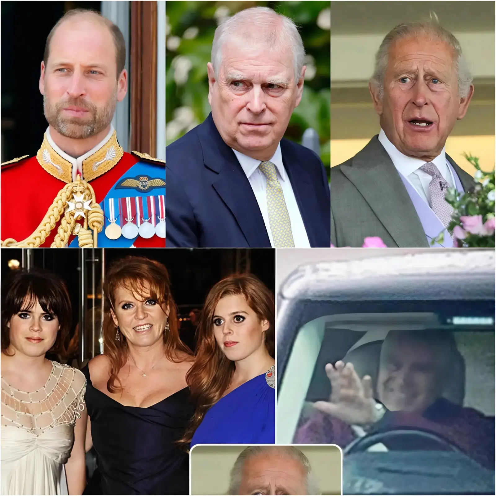 Cover Image for THE NIGHT WILLIAM AND CHARLES TORE DOWN THE HOUSE OF YORK — AND ANDREW’S FINAL HUMILIATION: HOW HE WAS EJECTED AT MIDNIGHT, FERGIE SMUGGLED OUT, AND THE NEW ‘BODY BLOW’ FOR EUGENIE AND BEATRICE REVEALED. It ended without ceremony — and with maximum humiliation. Prince Andrew was bundled out of Royal Lodge late at night, before he’d even finished packing, driven away under cover of darkness to exile in rural Norfolk Royal insiders say the breaking point came after Andrew was spotted swaggering around the Windsor estate, smiling and waving at the public — as if his disgrace had never happened. That, sources claim, infuriated the Palace. Behind the scenes, the real reckoning came fast. King Charles and Prince William held an urgent, closed-door conversation at Sandringham, and the decision was sealed: Andrew had to go. Immediately. Even Fergie was quietly smuggled out, while the fallout delivers a fresh emotional blow to Princesses Eugenie and Beatrice, now caught in the wreckage of their father’s final disgrace. No titles. No dignity. Just a car in the night — and the House of York torn down for good.