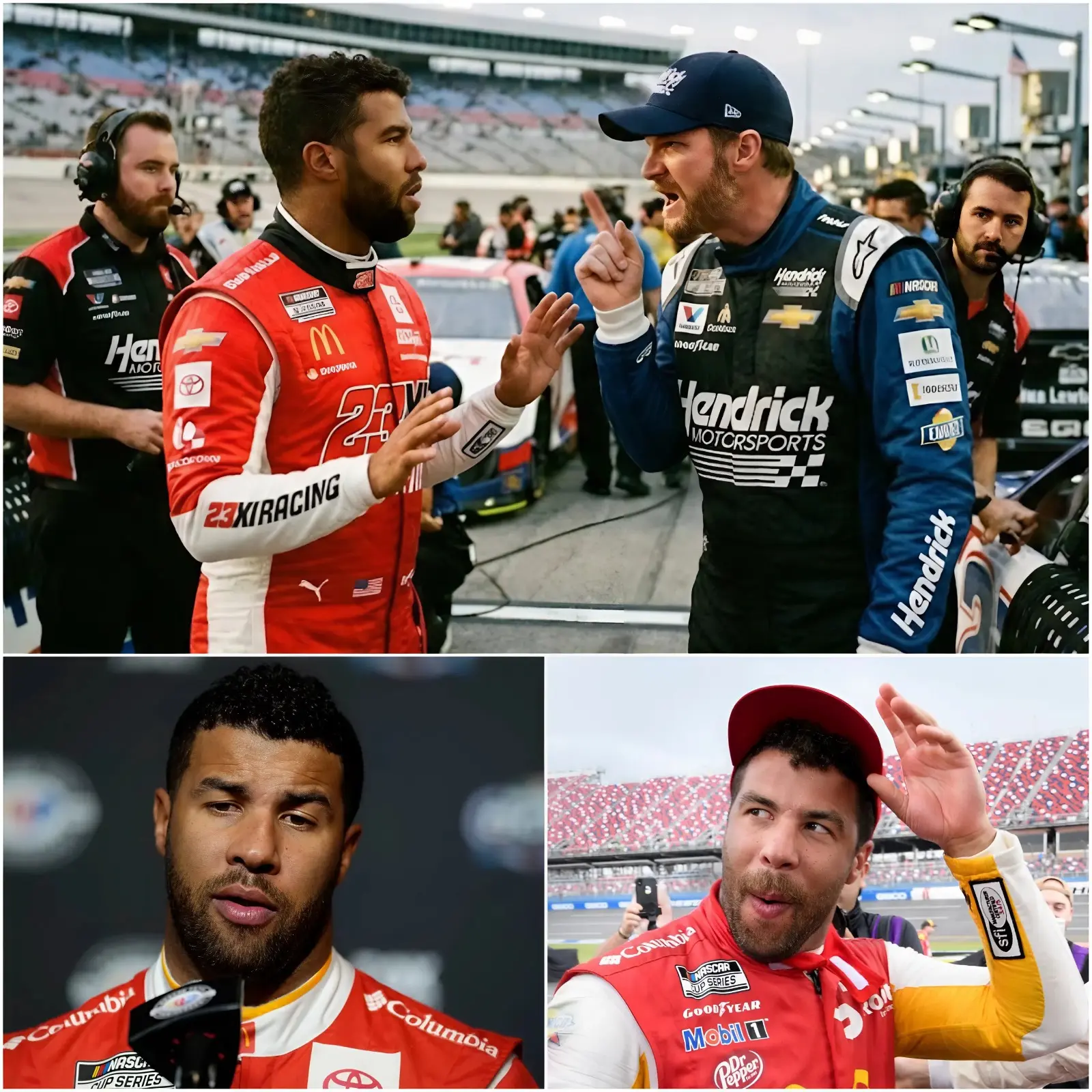 Cover Image for 🚨 NASCAR CONFIRMS: Bubba Wallace has officially been handed a long suspension along with the heaviest fine in history following a physical confrontation on the track with racing legend Dale Earnhardt Jr. Millions of live viewers were left stunned when Bubba shouted, “You’re living and famous only because of your father.” — a line that instantly froze the entire stadium, but Dale Earnhardt Jr.’s response afterward earned universal admiration.