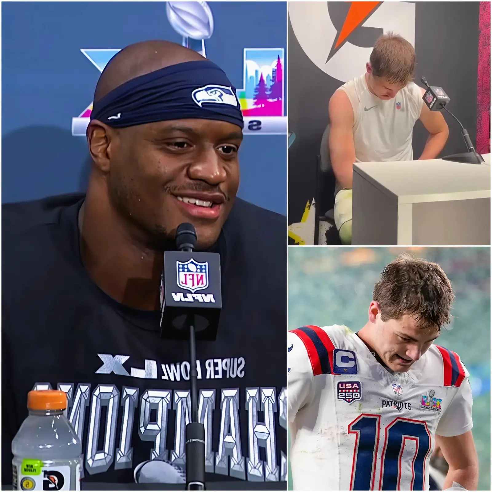 Cover Image for “If they want Seattle to win at any cost, just hand them the Super Bowl trophy right now and stop making us play these meaningless games.” New England Patriots quarterback Drake Maye accused the referees in Super Bowl LX between the New England Patriots and Seattle Seahawks of bias and deliberately ignoring all violations committed by the Seahawks, putting the Patriots at a severe disadvantage. He even went further by insulting Kenneth Walker III, calling the matchup against him “an insult to my career” and declaring, “Seattle bought it all with money.” – Copy – Copy