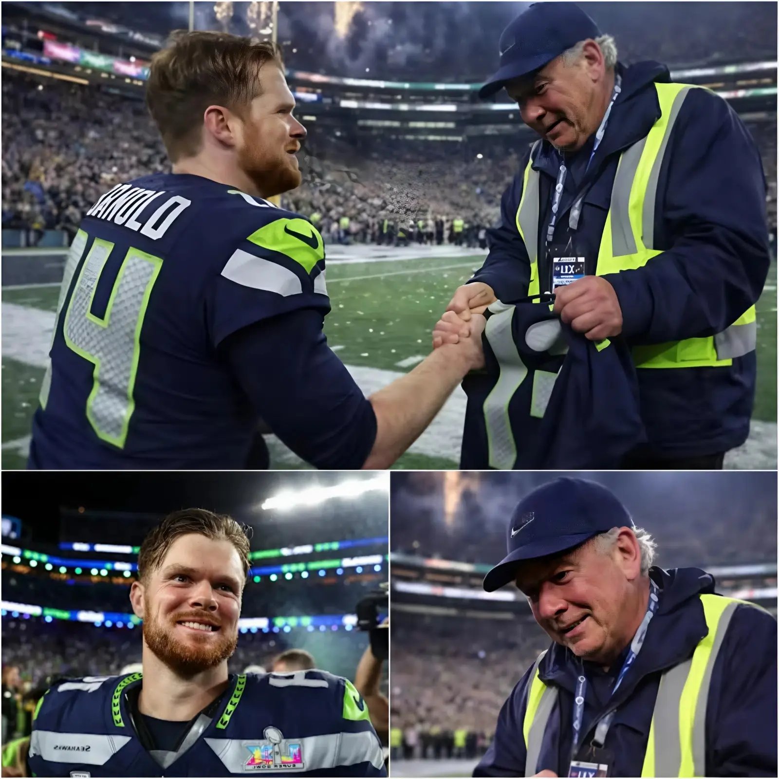 Cover Image for 🚨 A SHOCKING MOMENT AT SUPER BOWL 2026: Sam Darnold kneels before a stadium groundskeeper – an image that moved millions of fans. After the Seattle Seahawks’ victory over the New England Patriots, Darnold didn’t celebrate wildly or leave the field immediately, but instead unexpectedly walked towards the sidelines where an elderly groundskeeper was quietly cleaning up equipment. Amidst the confetti and cheers, he knelt down on one knee, took the man’s hand, and gave him his jersey, then said just one short but meaningful sentence – enough to bring the groundskeeper to tears and transform that moment into the most beautiful symbol of Super Bowl night, a reminder that gratitude and kindness are always greater than any title.