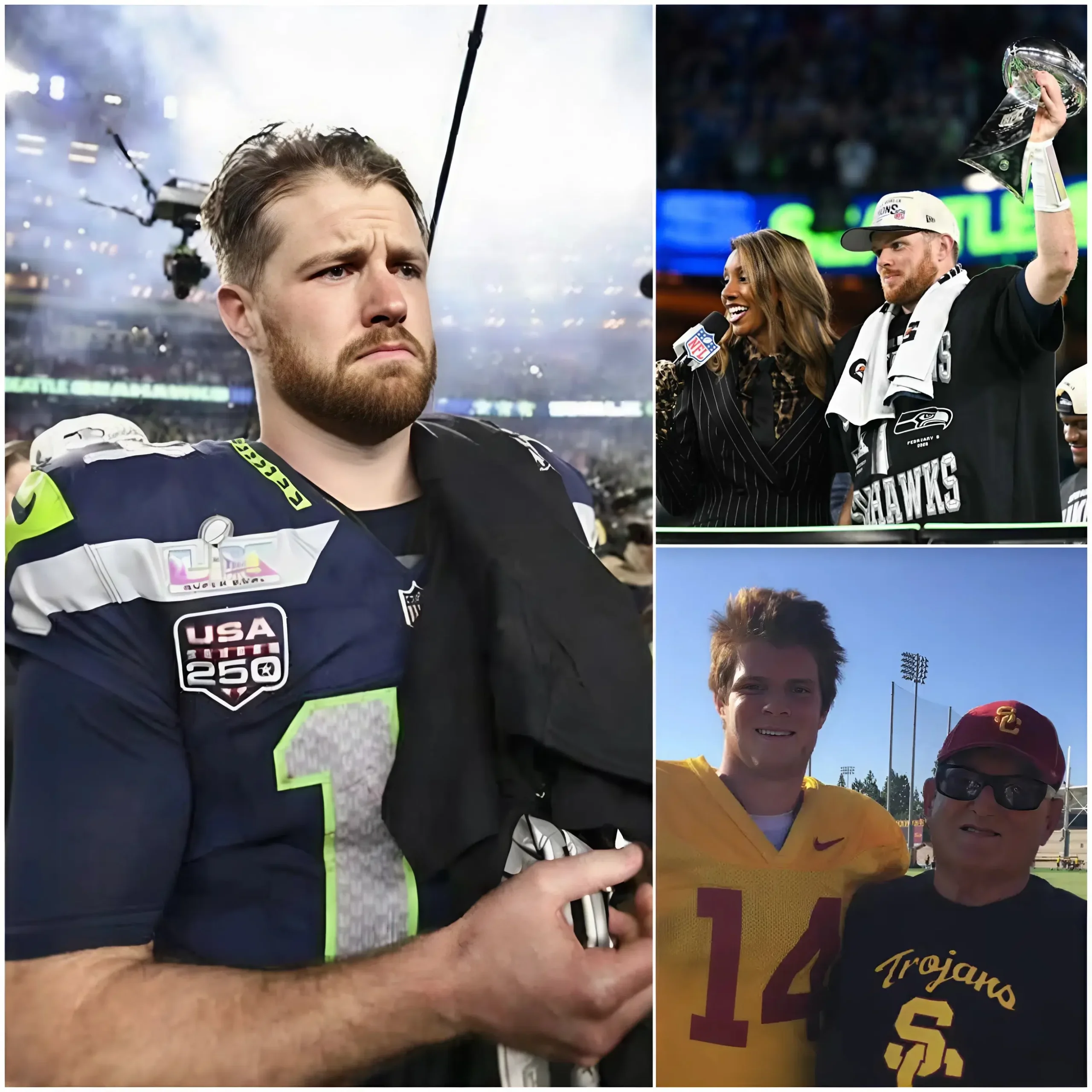 Cover Image for 💌 A FATEFUL MOMENT: Sam Darnold did what the world doubted in the game against the Patriots when he surged ahead to score a game-changing goal in the Super Bowl, giving the Seahawks a 29-13 lead. But the most precious moment was when his father, Mike Darnold, a small lumberjack in California, hugged him and said to the cameras, “I won’t be here anymore, I’m sorry…” bringing him and everyone in the stands to tears at Levi’s Stadium. He revealed the reason why his father was there with him at the retirement ceremony, a heartbreaking reason that shattered fans: behind the glory of his victory lay a simmering pain connected to his beloved father.
