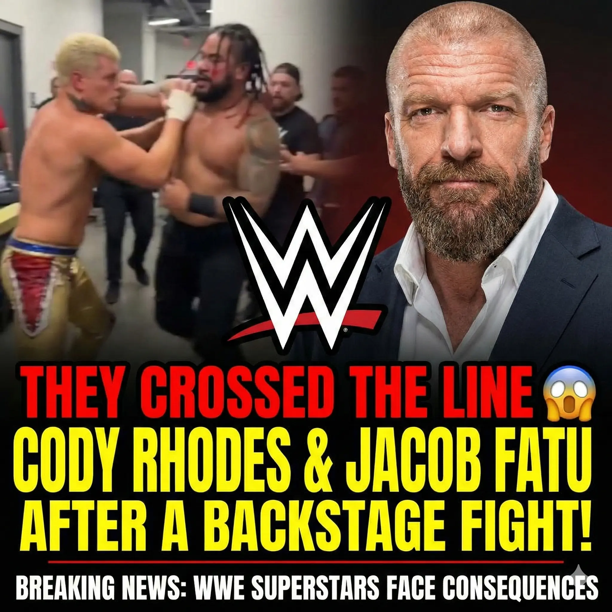 Cover Image for THEY CROSSED THE LINE 😱 TRIPLE H SUSPENDS CODY RHODES & JACOB FATU AFTER A BRUTAL BACKSTAGE FIGHT!