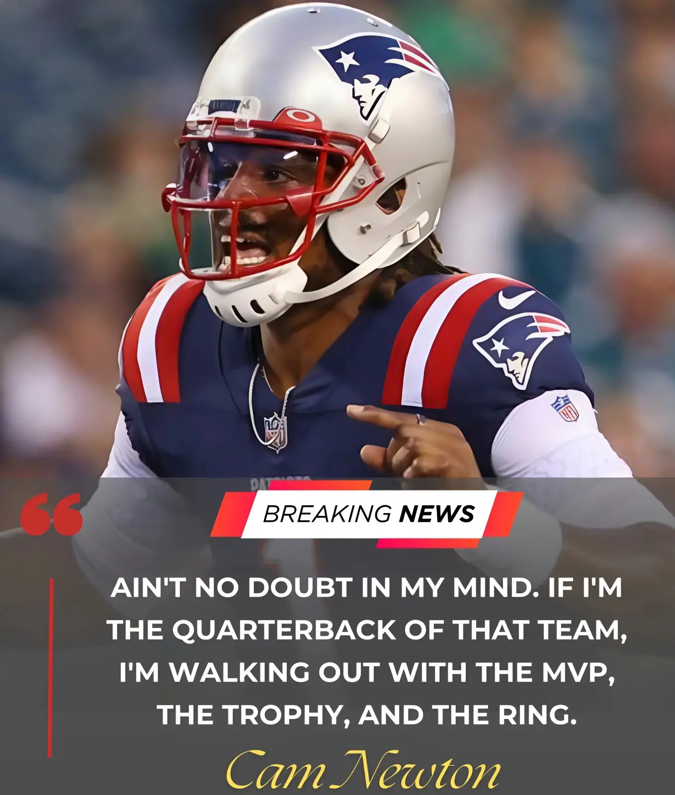 Cover Image for CAM NEWTON: Believes the Patriots would be Super Bowl champs with him under center.. “Ain’t no doubt in my mind. If I’m the quarterback of that team, I’m walking out with the MVP, the trophy, and the ring.” — Cam Newton, reacting after New England’s 29–13 loss to the Seahawks in Super Bowl LX Following Drake Maye’s rough outing on the game’s biggest stage. Marked by costly turnovers, stalled drives, and missed opportunities, Cam Newton made it clear he believes the outcome would’ve been different if the Patriots had turned to him. Newton pointed to his Super Bowl experience, physical style, and ability to handle pressure moments, suggesting New England needed leadership and composure more than raw potential.