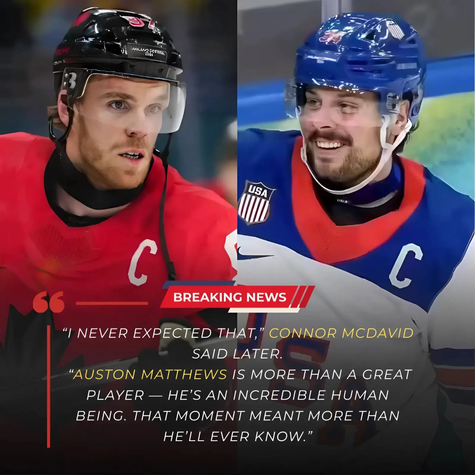 Cover Image for While confetti rained down for Team USA, Connor McDavid sat alone in the shadows on the opposite side of the rink. Head bowed. Helmet off. A towel draped over his face. The weight of the 2–1 overtime loss in the Olympic gold-medal game pressed down hard. One possession. One night. A dream just out of reach. He thought he was invisible to the world. He was wrong.