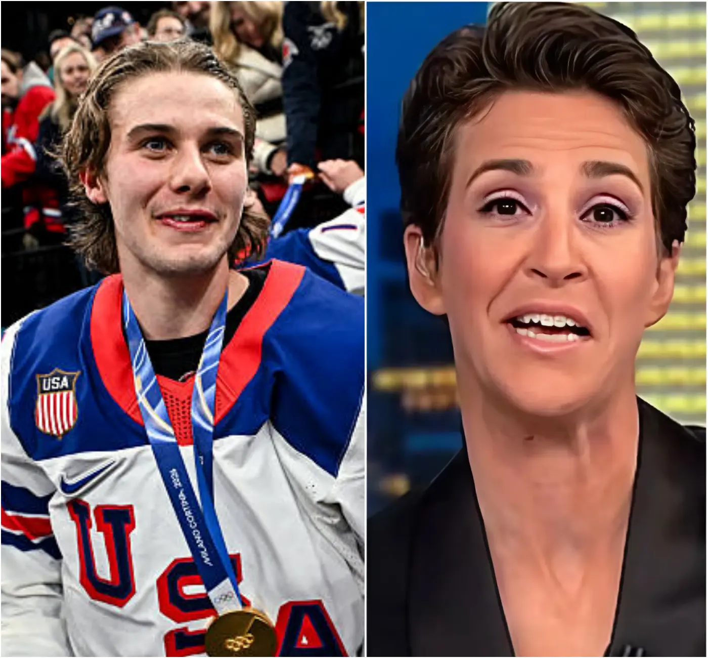 Cover Image for “SIT DOWN, BARBIE!” American men’s hockey star Jack Hughes was abruptly interrupted during a live television appearance when Rachel Maddow publicly labeled him a “TRAITOR” for declining to participate in an LGBTQ+ awareness campaign launched by her organization just days before the gold medal final at the Milano Cortina 2026 Winter Olympics. The exchange escalated quickly. As Maddow continued pressing him — questioning his personal stance and his responsibility as a national representative — the tension inside the studio became unmistakable. Cameras captured every second of the confrontation as it unfolded live on air. Then, within moments, Hughes delivered a sharp, composed response — fourteen carefully chosen words that cut through the noise. His tone remained steady, controlled, and unwavering despite the mounting pressure. The studio fell silent. Even Maddow appeared momentarily stunned. Seconds later, applause erupted from the audience — not in defense of the host, but in support of Hughes, who had transformed a heated political clash into a display of confidence, respect, and composure just hours before a historic showdown against Canada, a game the entire world was watching.