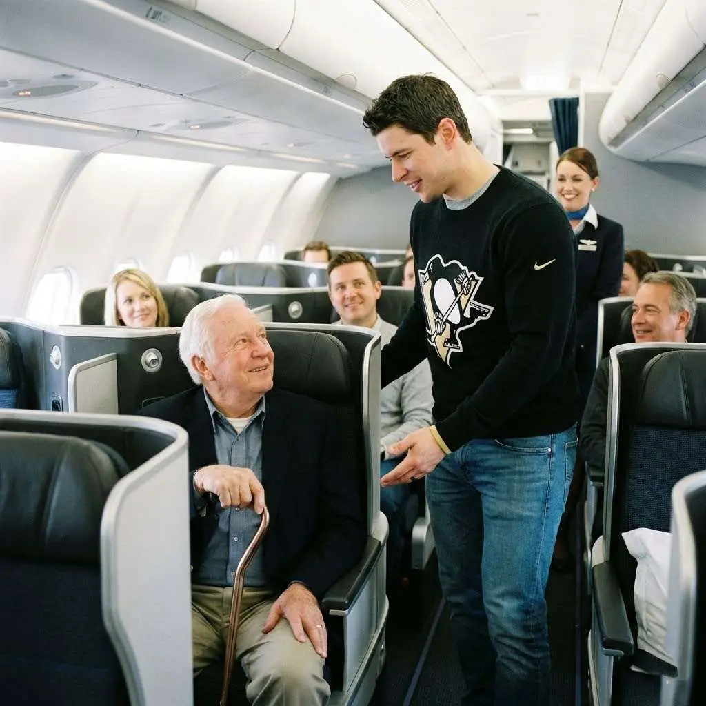 Cover Image for BREAKING NEWS: The entire NHL world is buzzing after Pittsburgh Penguins captain Sidney Crosby stunned passengers on a commercial flight with an unexpected gesture. According to multiple witnesses, he quietly gave up his first-class seat to an elderly U.S. veteran just moments before takeoff—but that was only the beginning. What Sidney Crosby did next, out of view of cameras and without saying a word, brought the entire cabin to tears and left flight attendants speechless….