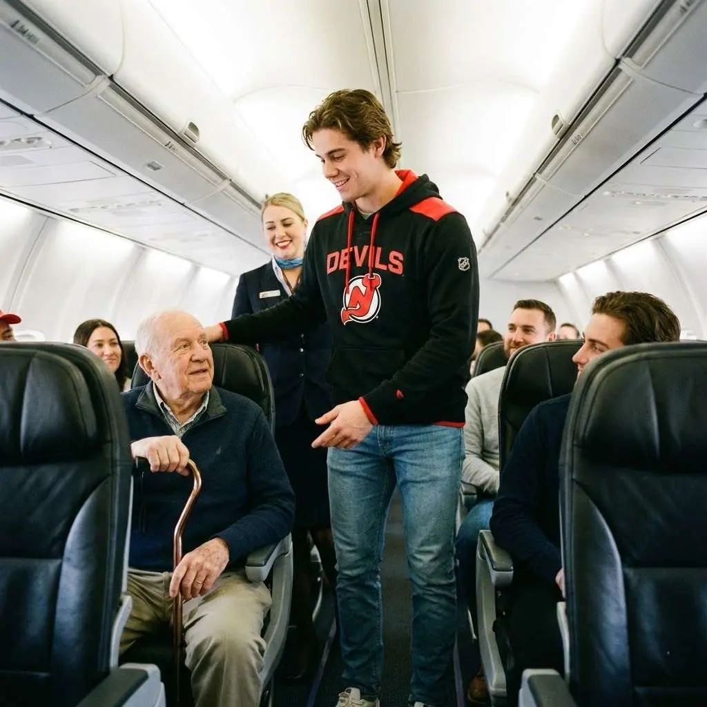Cover Image for BREAKING NEWS: The entire NHL world is buzzing after New Jersey Devils captain Jack Hughes stunned passengers on a commercial flight with an unexpected gesture. According to multiple witnesses, he quietly gave up his first-class seat to an elderly U.S. veteran just moments before takeoff—but that was only the beginning. What Jack Hughes did next, out of view of cameras and without saying a word, brought the entire cabin to tears and left flight attendants speechless…