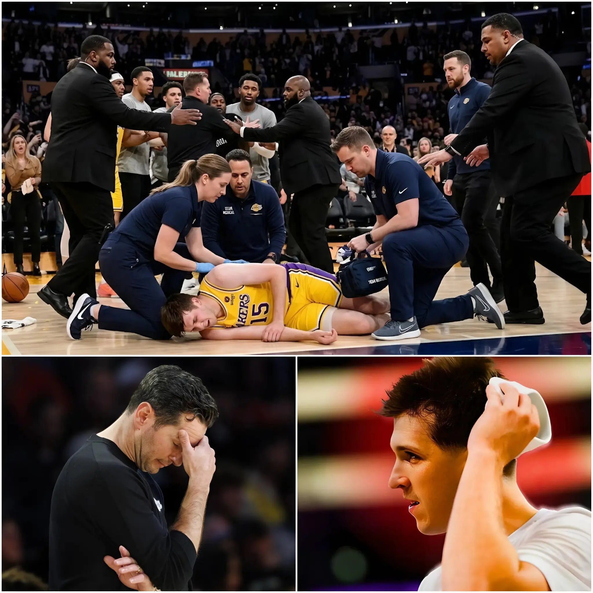 Cover Image for šBREAKING NEWS: The entire arena fell silent when Austin Reaves suddenly collapsed to the floor just after the game ended. Medical staff and security personnel quickly rushed onto the court to assess his condition, while tens of thousands of fans watched in extreme ą¤ą¤æą¤ą¤¤ą¤¾ and shock. According to initial updates, Reaves was taken to the locker room for further evaluation after showing signs of physical exhaustion. The demanding NBA schedule and high-intensity competition are believed to have significantly impacted his condition. Lakers fans across social media are sending messages of support to the talented guard, hoping he makes a quick recovery and returns stronger to continue playing a key role in the purple and goldās championship pursuit.