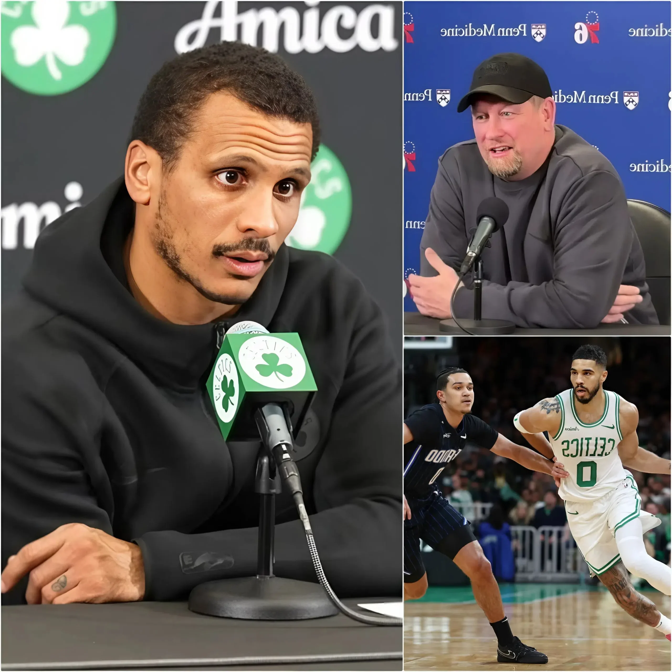 Cover Image for “It felt like we were playing against six men out there; it’s absolutely unbelievable. If they want the Boston Celtics to win that badly, why don’t they just hand them the trophy already? It’s a disgraceful display of bias,” the head coach of the Philadelphia 76ers said angrily, criticizing the officiating after a heavy loss to the Boston Celtics. Only minutes later, Boston Celtics head coach Joe Mazzulla immediately fired back with 21 words following the “ugly and baseless” accusations. With just seven short words, Joe Mazzulla silenced the controversy, leaving Nick Nurse flushed with rage.👇👇