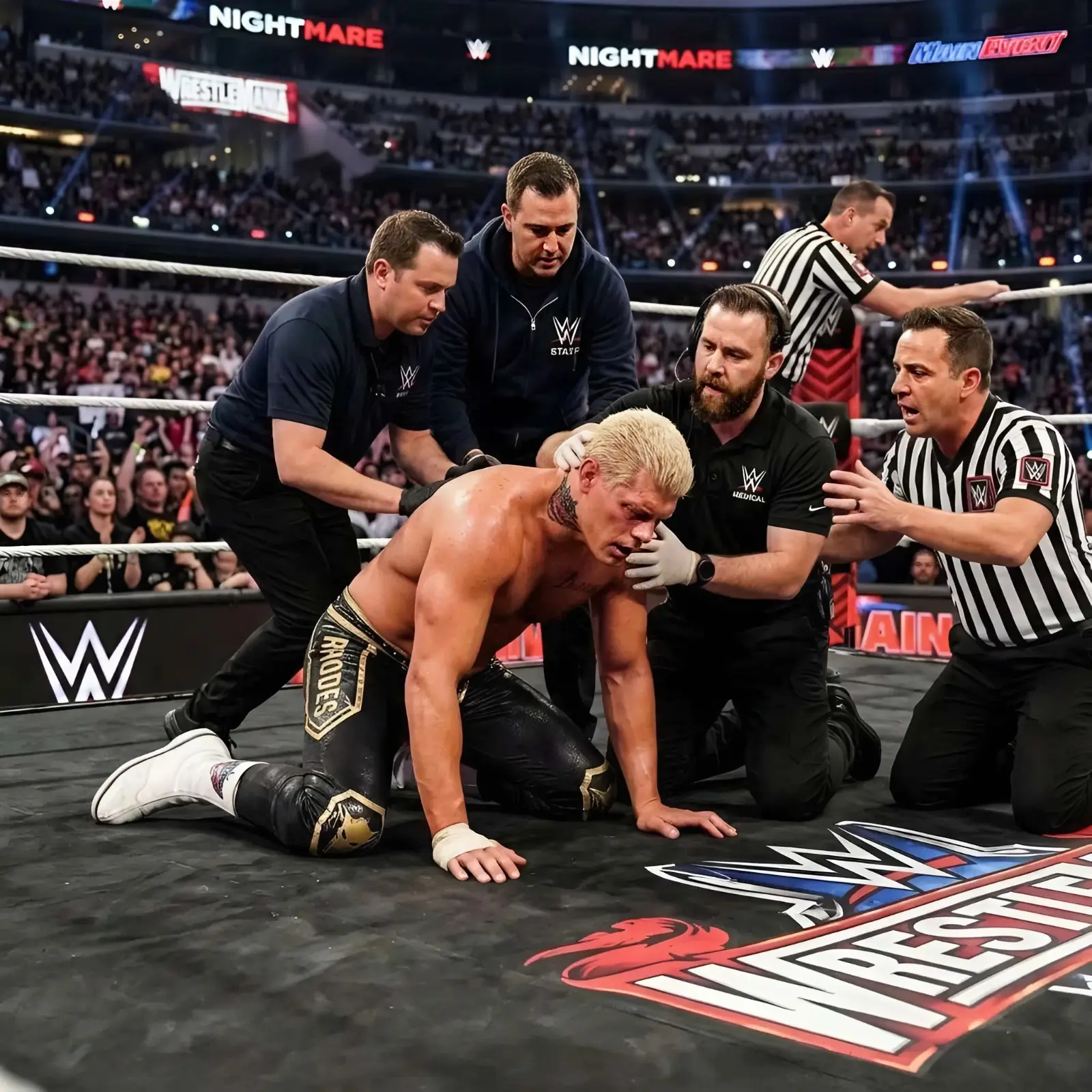Cover Image for 30 minutes ago: Panic spread throughout the packed Louisville stadium as beloved WWE star Cody Rhodes suddenly collapsed during his appearance ahead of Elimination Chamber. Security and medical staff quickly rushed to assist him while the crowd watched in stunned, worried silence. Now we have an emotional update on the serious health battle Cody is facing following his recent severe neck injury. Our hearts go out to him and his loved ones