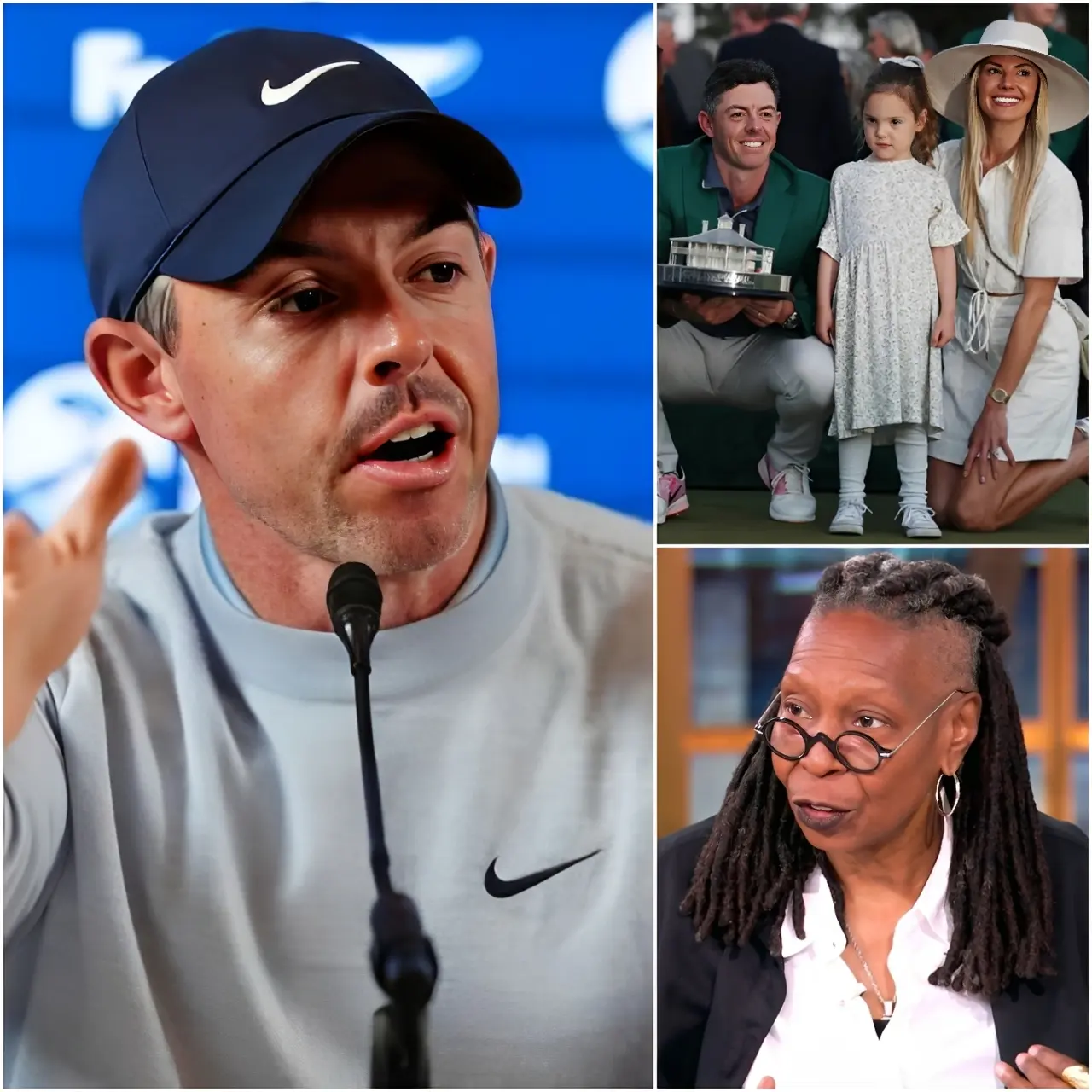Cover Image for “INSULT ME IF YOU WANT — BUT LEAVE MY FAMILY OUT OF YOUR MOUTH.”🔴 Rory McIlroy stunned a packed press conference after a tense exchange with Whoopi Goldberg, who mocked his marriage as “an entertainment-world farce — a famous athlete who uses tears and the media to hide a fractured family” and questioned the sincerity of his public emotions. For a brief moment, the room froze as cameras caught McIlroy standing motionless, absorbing the jab while reporters glanced at one another in disbelief. Then the four-time major champion stepped toward the microphone and delivered eight calm but cutting words that instantly drained the laughter from the room. Goldberg appeared visibly rattled as murmurs spread across the audience — but it was McIlroy’s next move, a firm and unmistakable gesture defending his wife and children, that truly silenced the room and turned the confrontation into one of the most explosive media moments of the day.