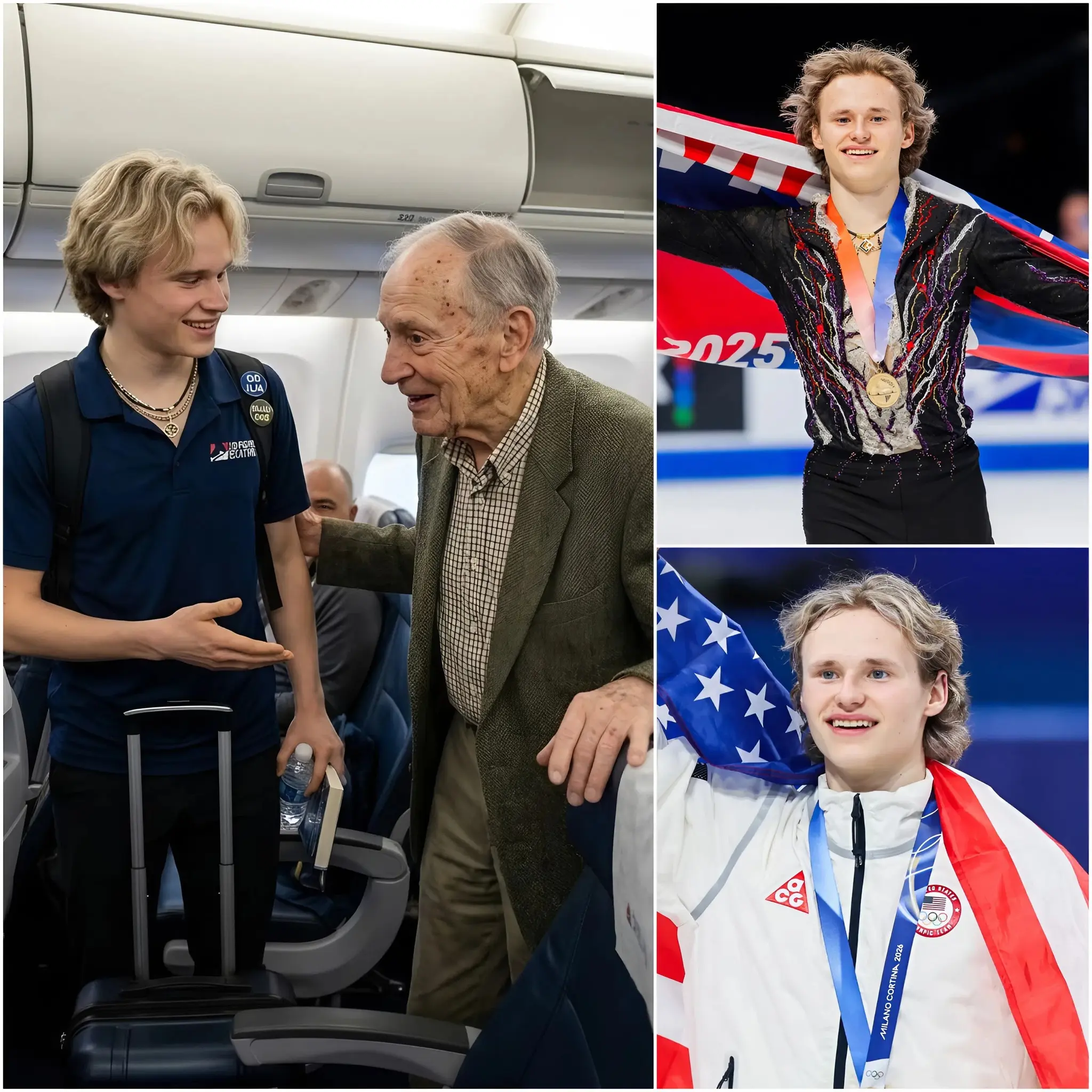 Cover Image for GOOD NEWS ❤️ The figure skating world is buzzing after top star Ilia Malinin surprised passengers on a commercial flight with an extraordinary act of kindness. According to multiple witnesses, Malinin quietly gave up his first-class seat to an elderly American veteran just minutes before takeoff — but that was only the beginning. What the young skating sensation did next, away from cameras and without seeking attention, reportedly left the entire cabin in tears and flight attendants speechless.