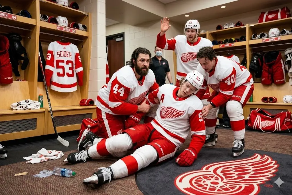 Cover Image for Panic erupted throughout the Detroit Red Wings’ training center as players and medical staff witnessed star forward Moritz Seider suddenly collapse in the locker room. Security personnel and medical staff rushed to his aid while his teammates stood stunned in shock, the atmosphere tense and suffocating.