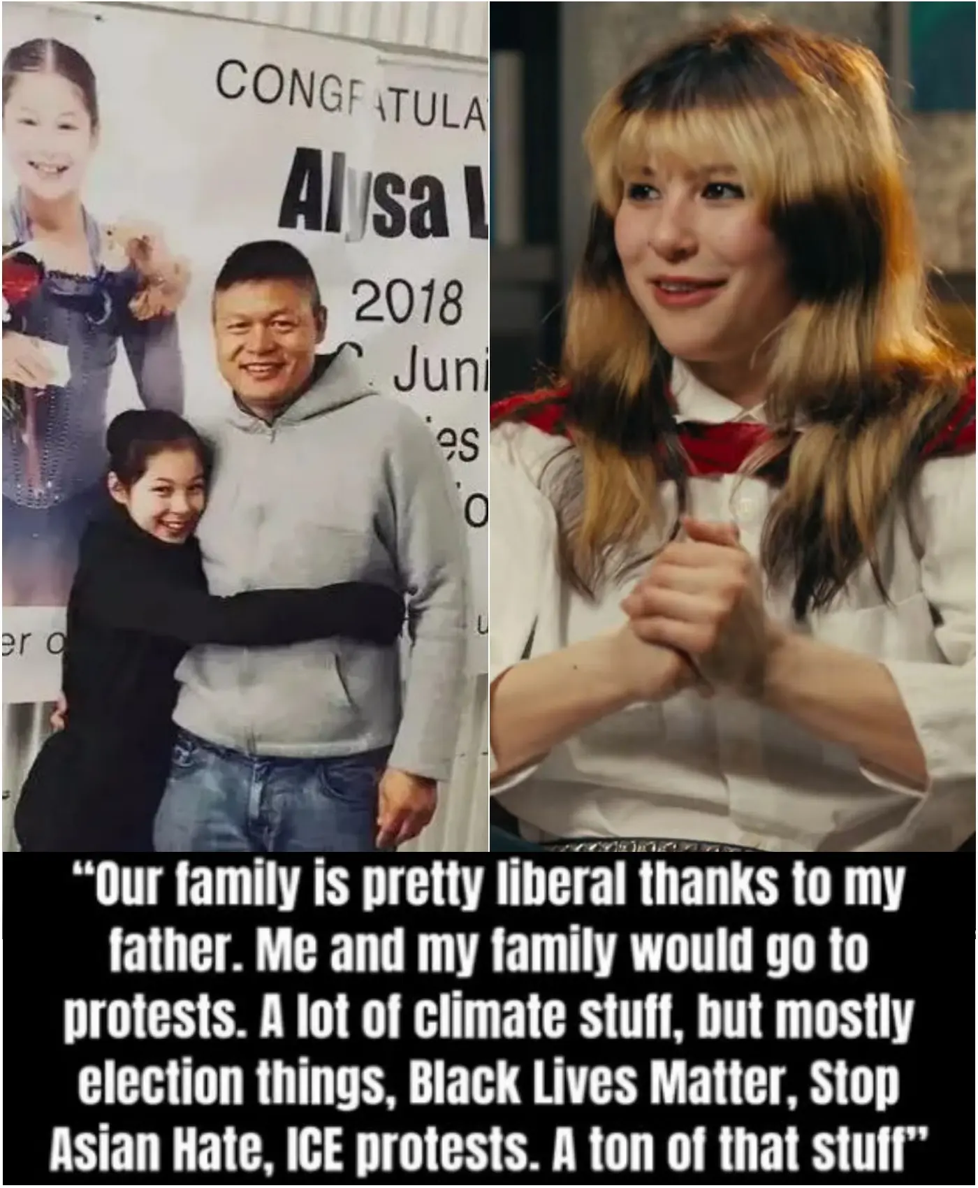 Cover Image for 🔥 Olympic gold–winning figure skater Alysa Liu revealed that she grew up in a fiercely politically engaged household, where activism was not just encouraged but lived out on the streets as she joined her family in protests from a very young age.