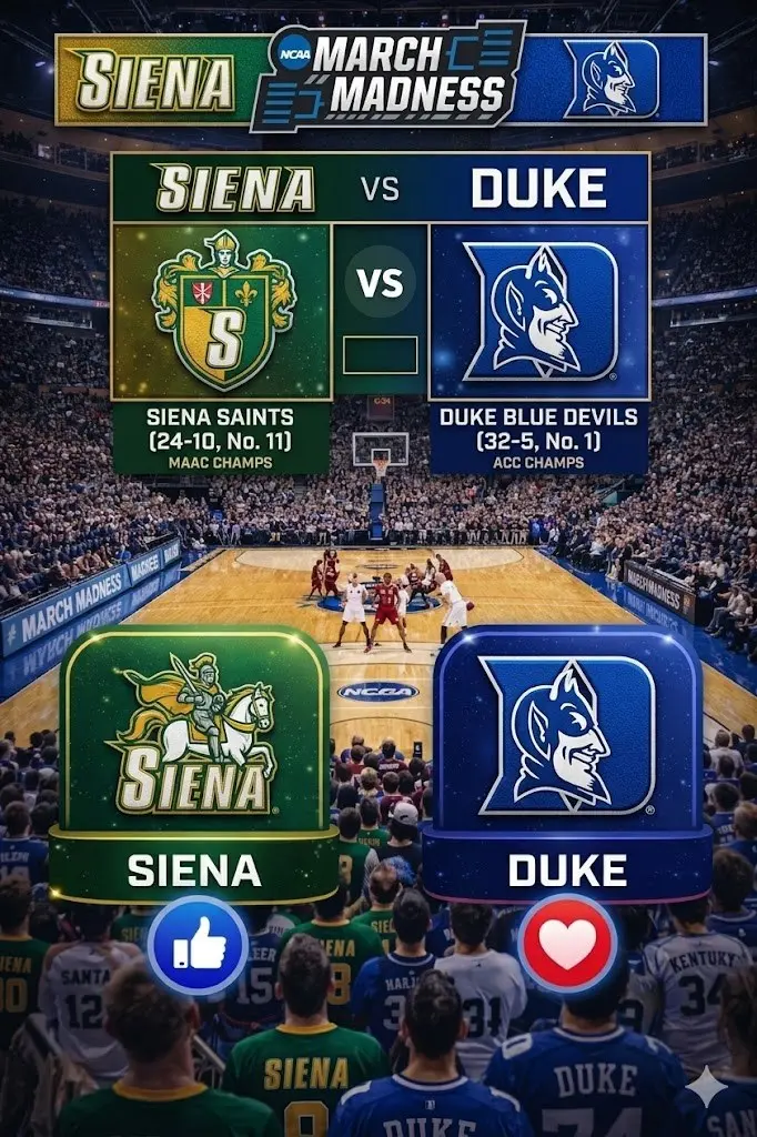 Cover Image for Tournament Update: Duke Blue Devils vs. Siena Saints at MVP Arena — Tipoff Time Confirmed.