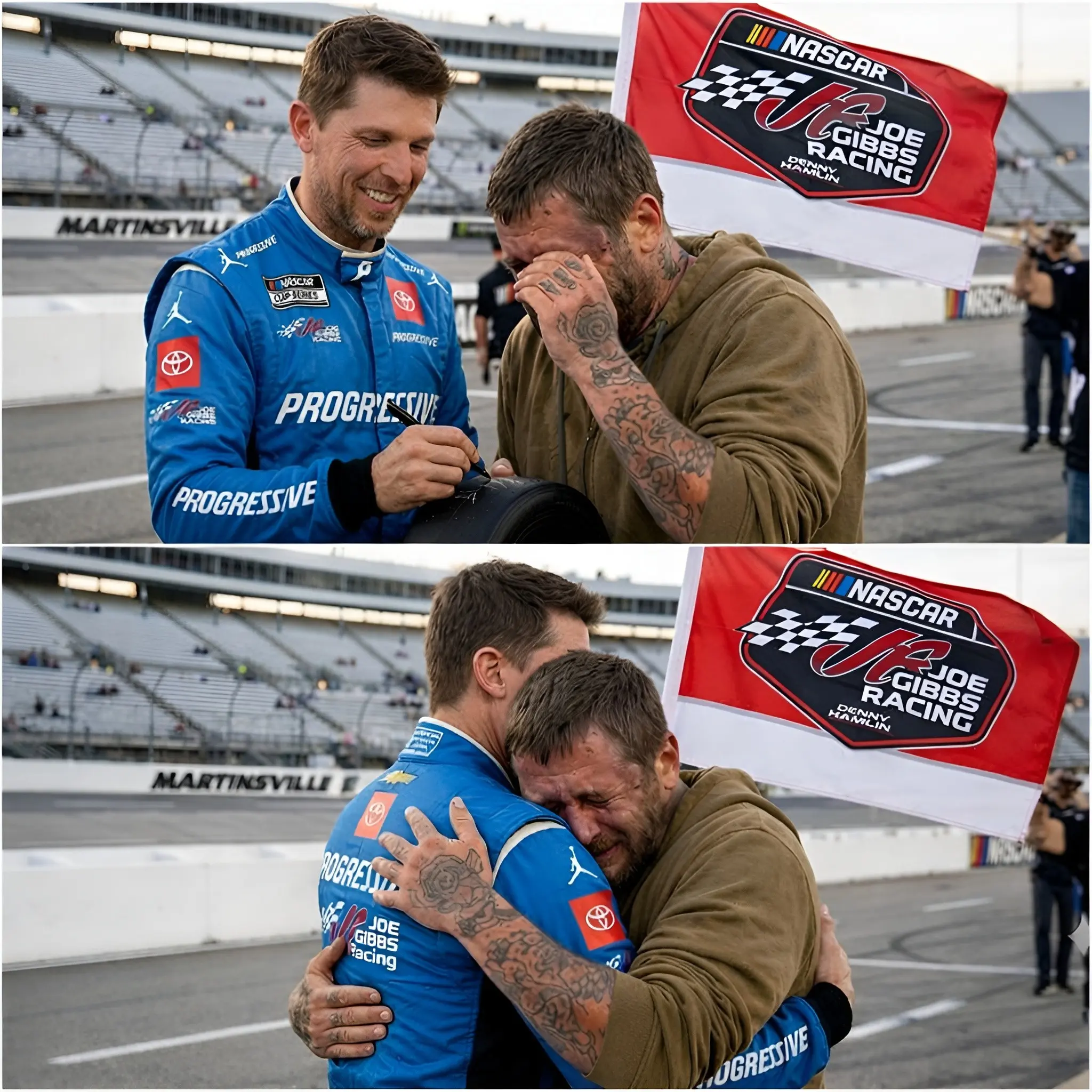 Cover Image for 💥 Security personnel tried to stop him, but Denny Hamlin shook his head and said, “Let him get closer.” A man wearing worn sneakers and a faded baseball cap was trying to hand over a handwritten letter while the American racer was greeting fans at a NASCAR Series Cup meet-and-greet.