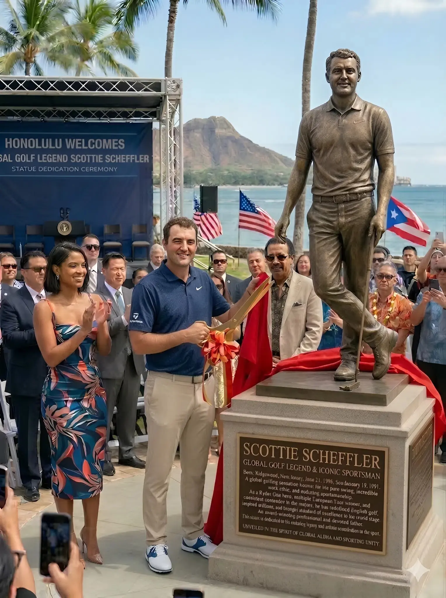 Cover Image for ⛳A proud and emotional gathering marked the unveiling of a towering bronze statue honoring Scottie Scheffler in a place tied to his early life, celebrating a career defined by excellence and consistency.