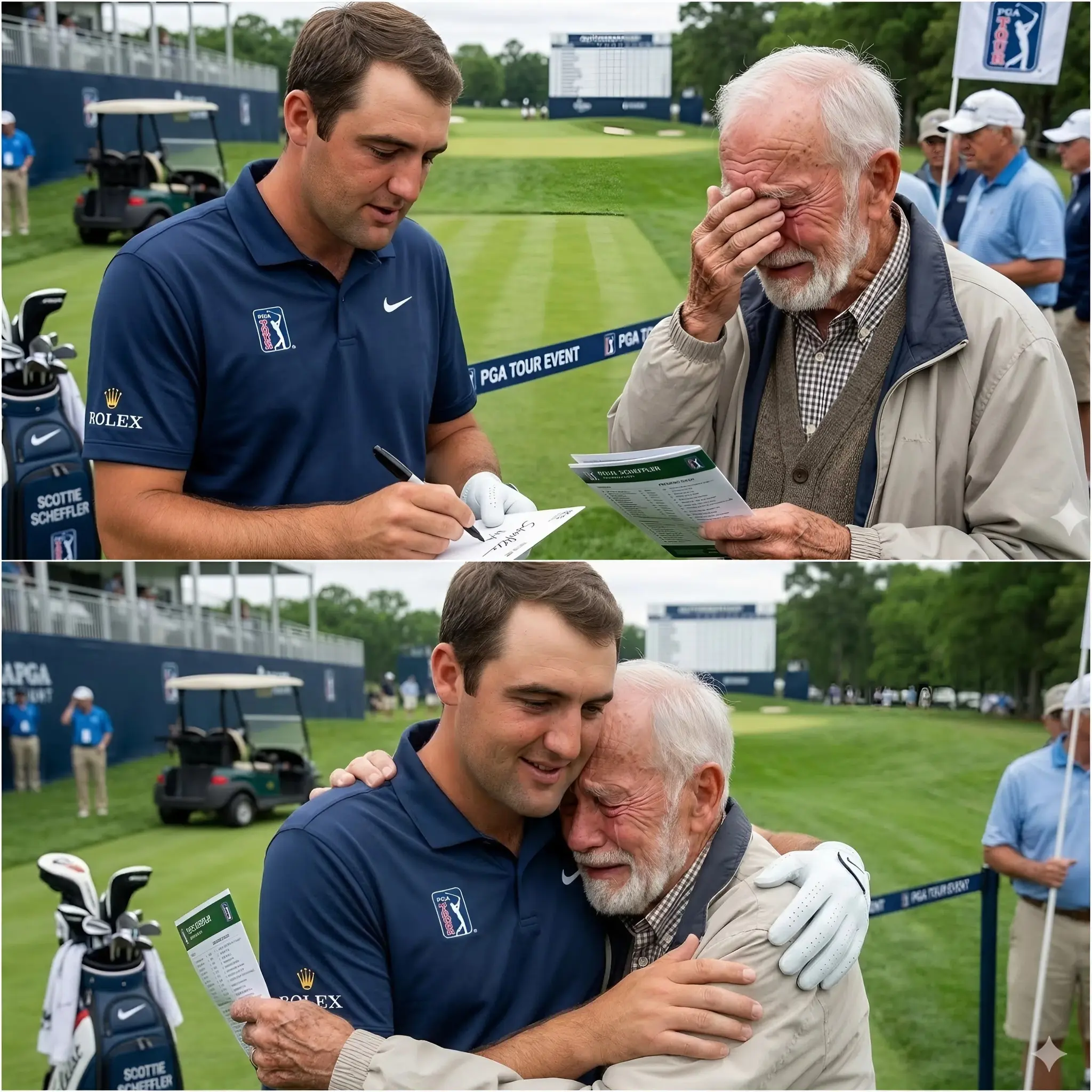 Cover Image for ❤️Security personnel were about to stop him, but Scottie Scheffler calmly raised his hand and said, “Let him come closer.” A man in his sixties, wearing worn sneakers, a faded Open Championship cap, and a weathered windbreaker, was desperately trying to push through the crowd as Scheffler greeted fans during a fan meeting after the The Players Championship 2026 at TPC Sawgrass.