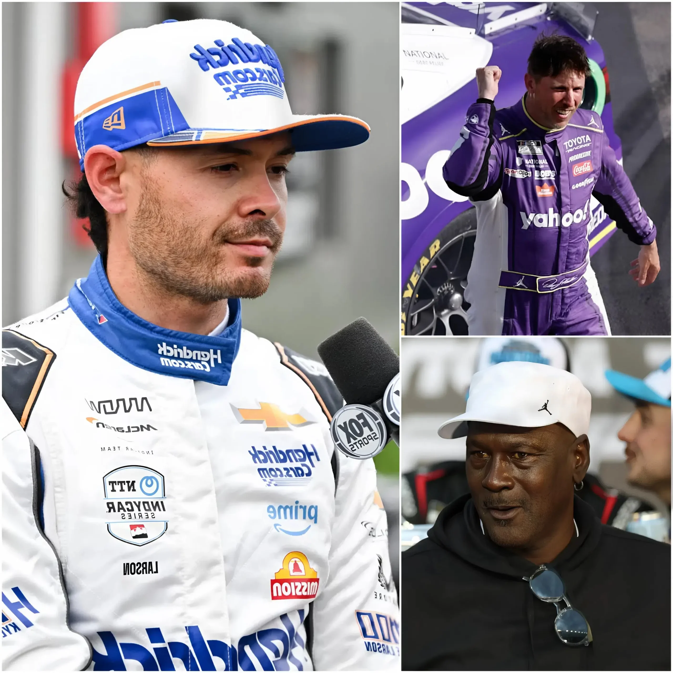 Cover Image for “IT’S NOT FAIR, IT’S ALL JUST LUCK!” Kyle Larson shocked NASCAR by claiming Denny Hamlin’s victory was due to NASCAR favoritism and luck, otherwise it would have been his win. Michael Jordan immediately responded, leaving Larson speechless…