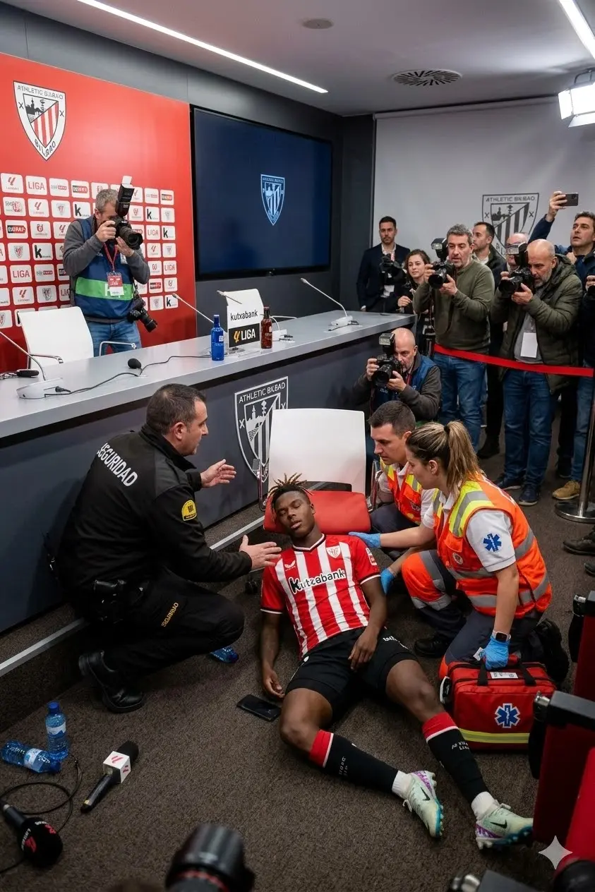 Cover Image for 🚨¡HACE DIEZ MINUTOS! Todo el auditorio en el Athletic Bilbao entró en pánico cuando el jugador Nico Williams se desplomó repentinamente mientras hablaba. Los equipos de seguridad y médicos acudieron de inmediato para asistirlo, mientras los presentes quedaron paralizados por el impacto.