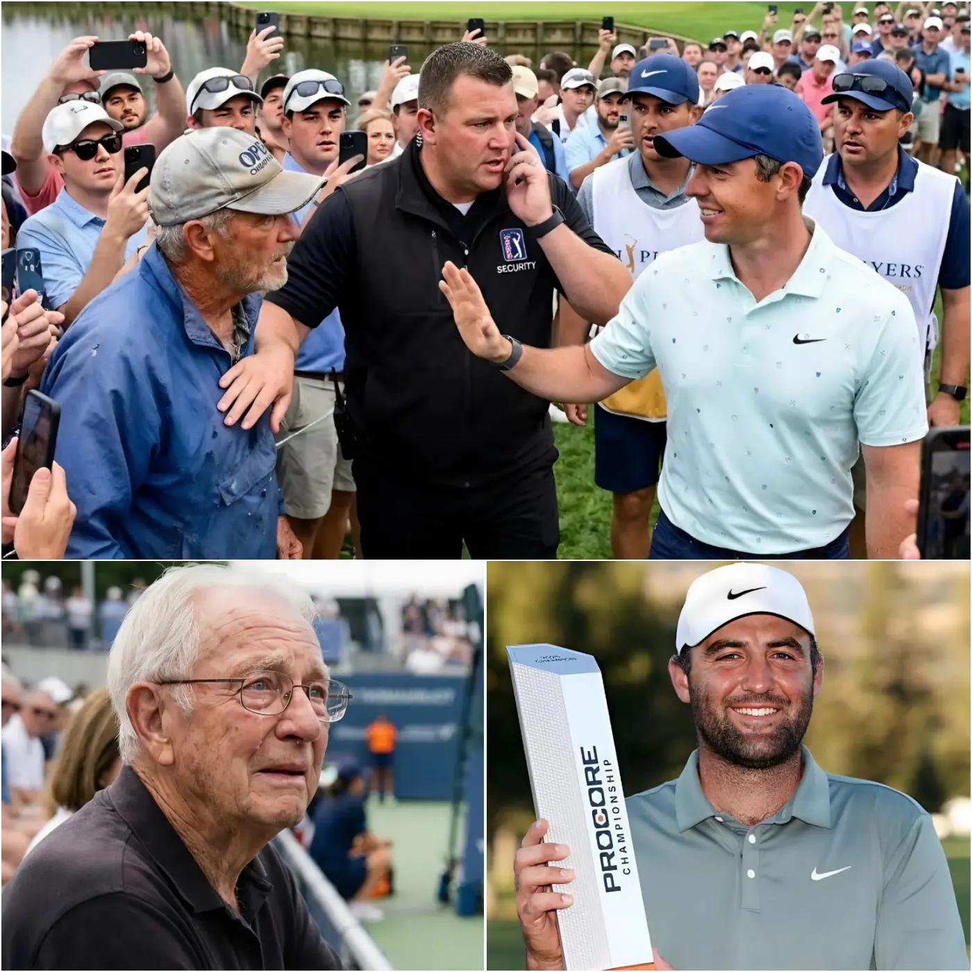 Cover Image for UNEXPECTED MOMENT 🚨 Security personnel tried to stop him, but Scottie Scheffler calmly raised his hand and said, “Let him come closer.” A man in his sixties, wearing worn sneakers, a faded 2022 US Open championship cap, and a frayed windbreaker, was trying to push his way through the crowd as Scheffler greeted fans at a meet-and-greet after the 2026 Players Championship.