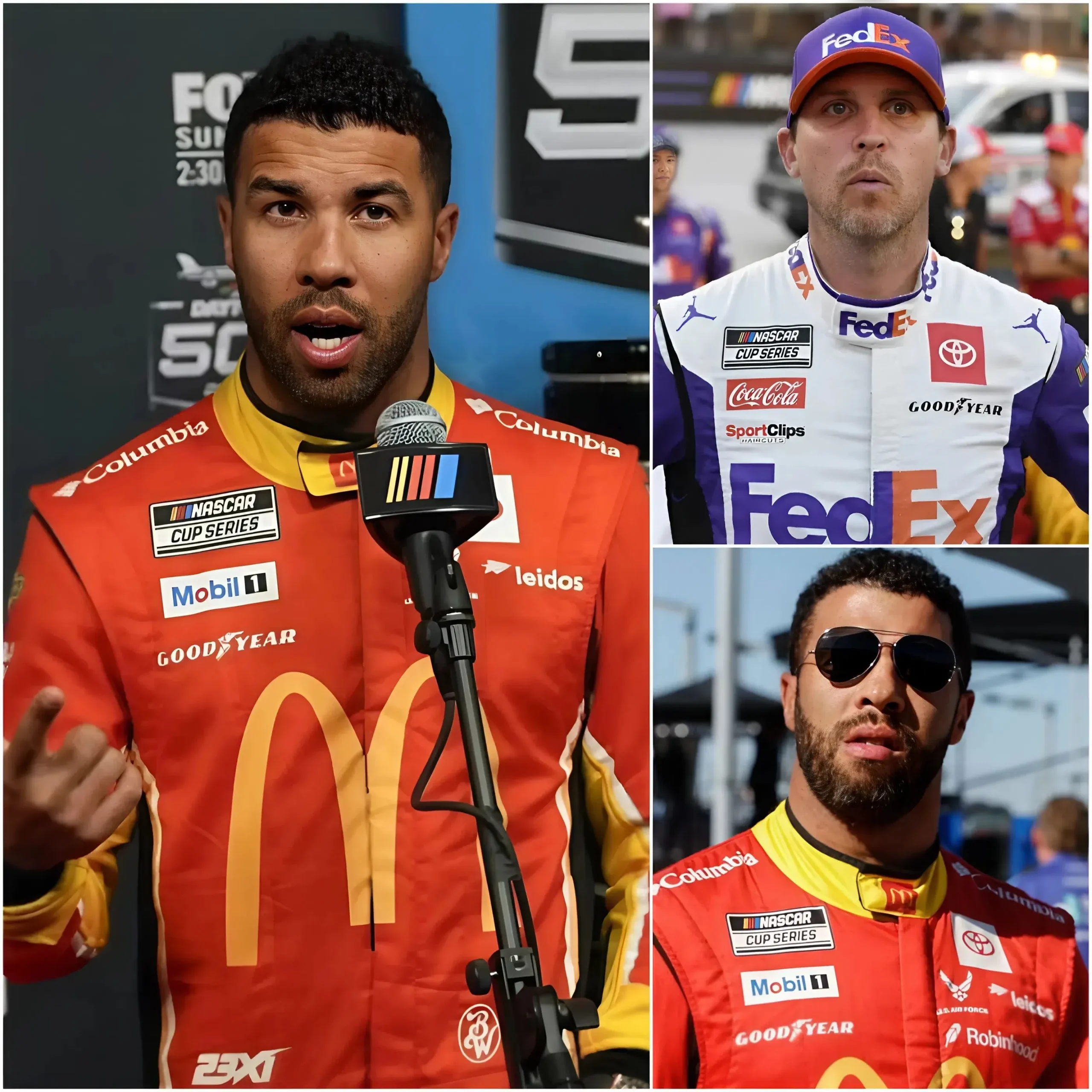 Cover Image for “Shut up, you idiot.” 🔴 Bubba Wallace suddenly called Denny Hamlin a “NASCAR puppet” on live television after Hamlin’s provocative remarks toward Wallace following the Goodyear 400 race. Just a few minutes later
