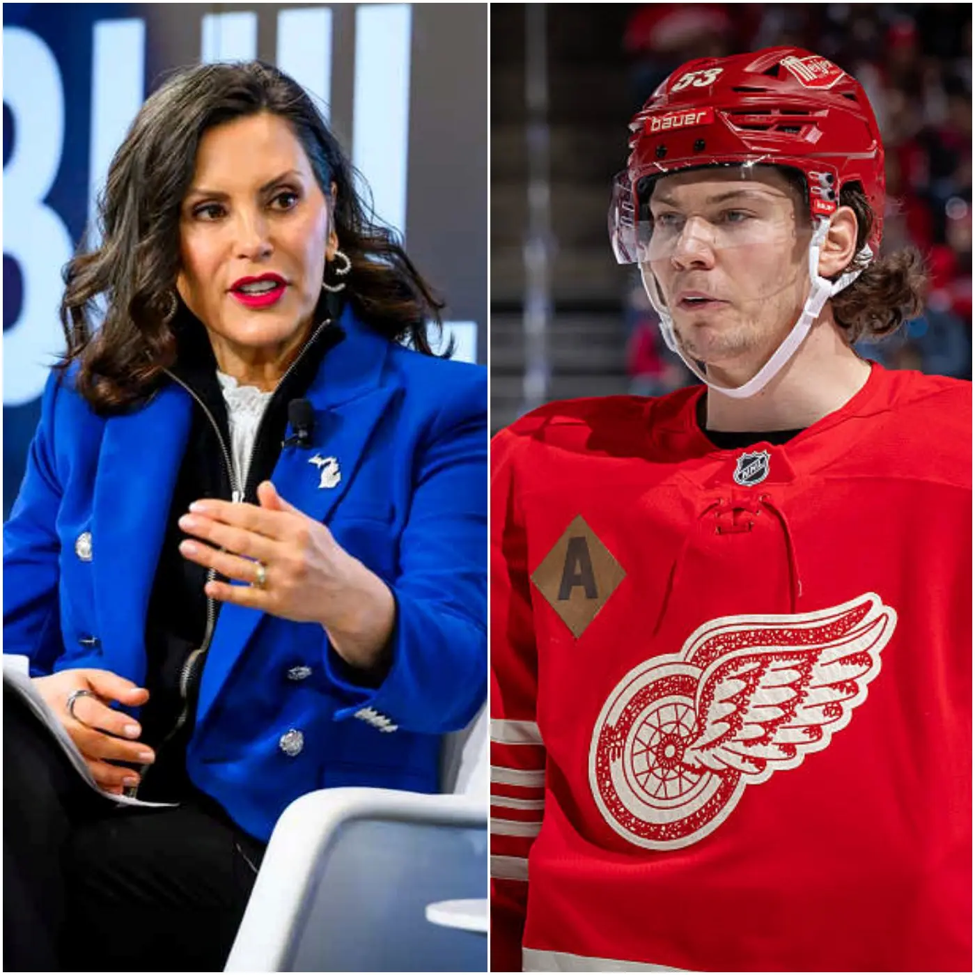 Cover Image for “Sit down, Barbie!” — Top Detroit Red Wings star Moritz Seider was unexpectedly interrupted during a live television appearance when Gretchen Whitmer, the Governor of Michigan, called him a “traitor” for refusing to take part in an LGBTQ+ awareness campaign that her organization had proposed to promote during games he plays in.