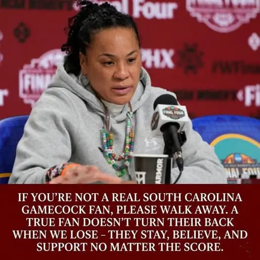 Cover Image for “I’m sorry… but if you’re not a real fan, then please walk away.” The head coach of the South Carolina Gamecocks, Dawn Staley, could no longer stay silent. In the middle of a storm of criticism following the 79–51 loss to the UCLA Bruins, she delivered an emotional message directly to fans: