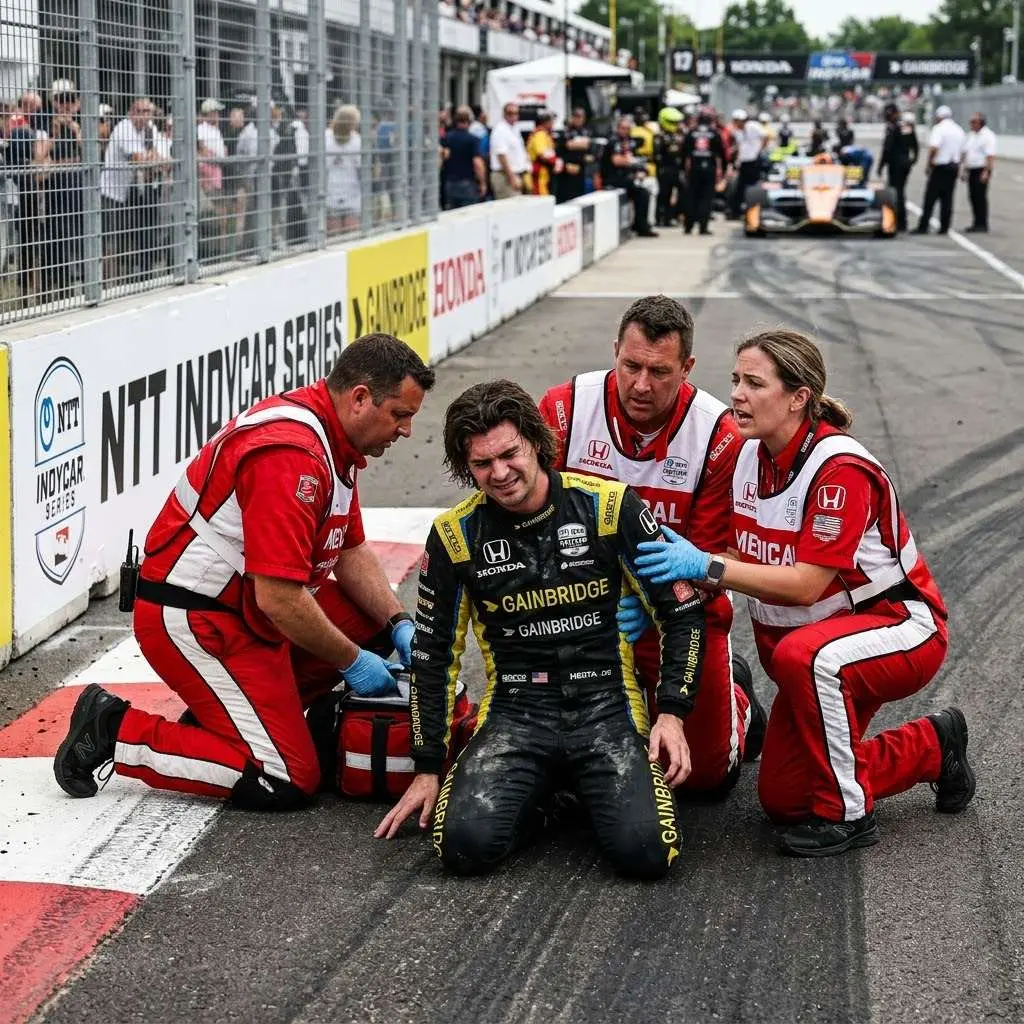 Cover Image for 30 MINUTES AGO: Sudden panic engulfed the grandstands and backstage area as American motorsport’s young talent Colton Herta unexpectedly collapsed during an emotionally charged and tense fan meet-and-greet session.