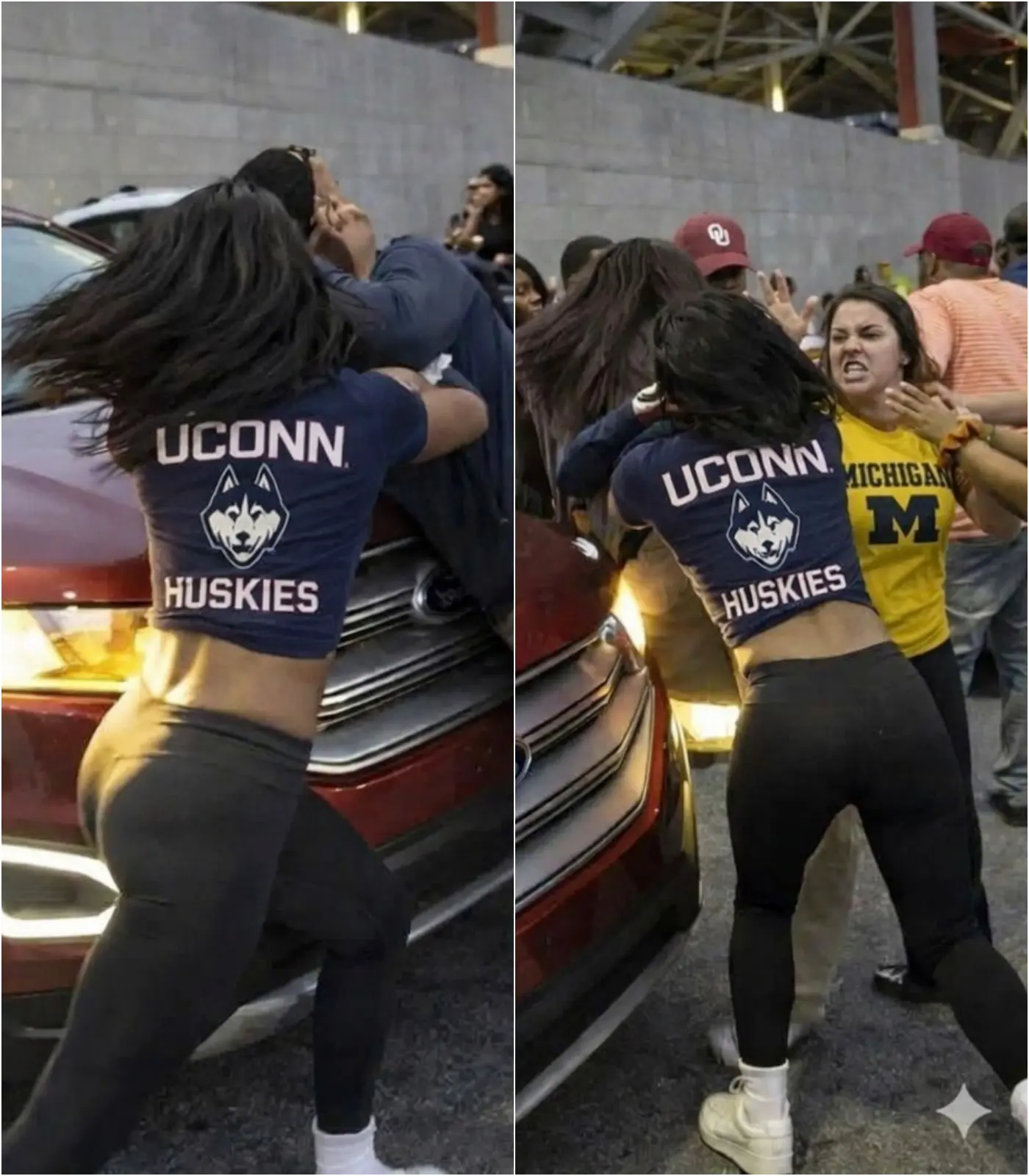 Cover Image for SHOCK: Two basketball fans from the UConn Huskies and Michigan Wolverines stunned everyone when they engaged in one of the most violent brawls you’ve ever seen, turning the area outside the stadium into a chaotic scene after today’s game