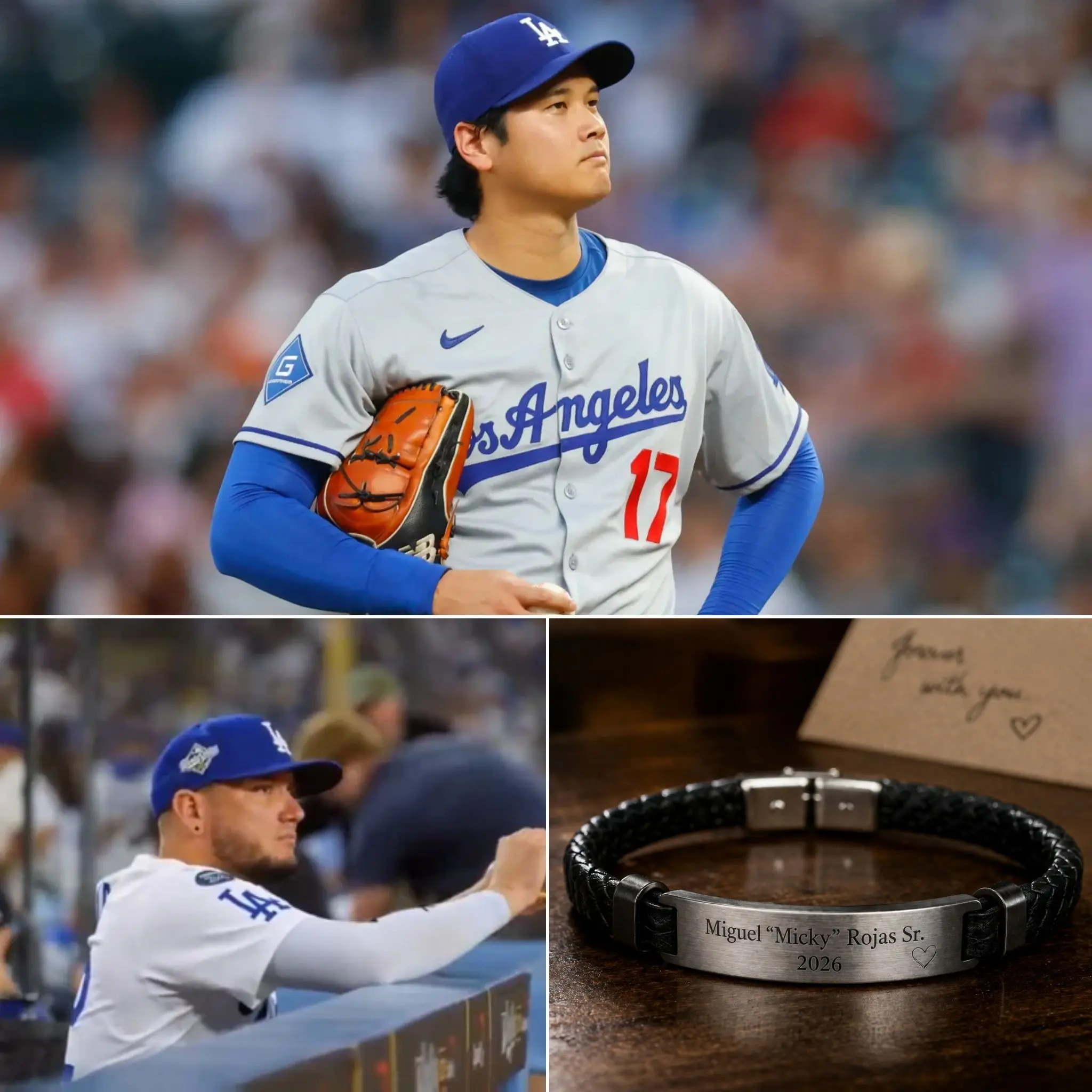 Cover Image for BREAKING: Shohei Ohtani gives Miguel Rojas a bracelet engraved with his recently deceased father’s name — a touching message that brought tears to the Los Angeles Dodgers’ eyes.