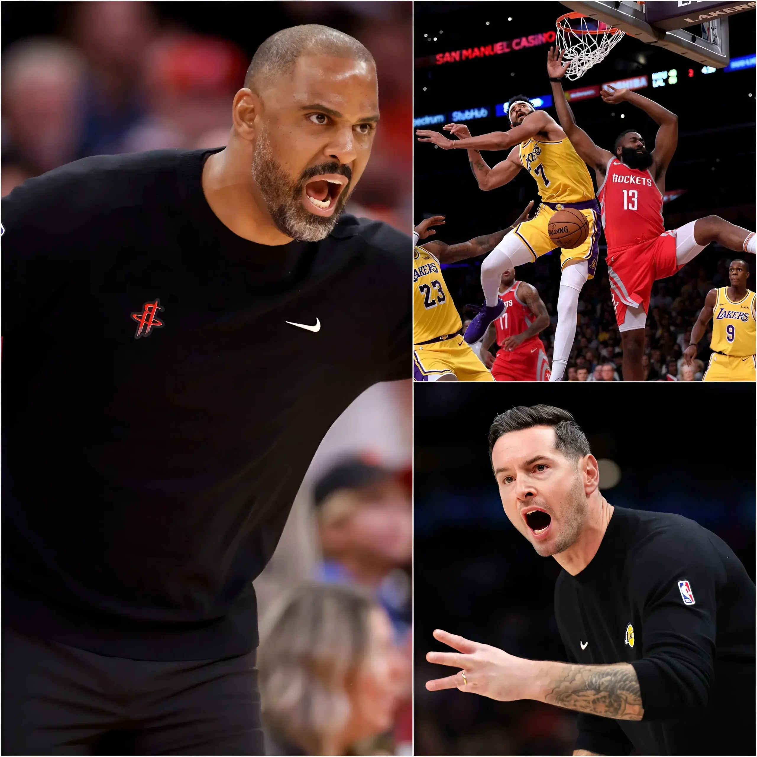 Cover Image for 🔥“I WON’T MAKE THE SAME MISTAKE AS LAST TIME!” – Houston Rockets coach Ime Udoka sparked controversy in the NBA ahead of Game 2 against the Los Angeles Lakers. This statement immediately went viral on social media, with Lakers fans reacting fiercely, claiming the Rockets were overconfident after a loss. Immediately, coach JJ Redick issued a clear declaration of war against the Houston Rockets…