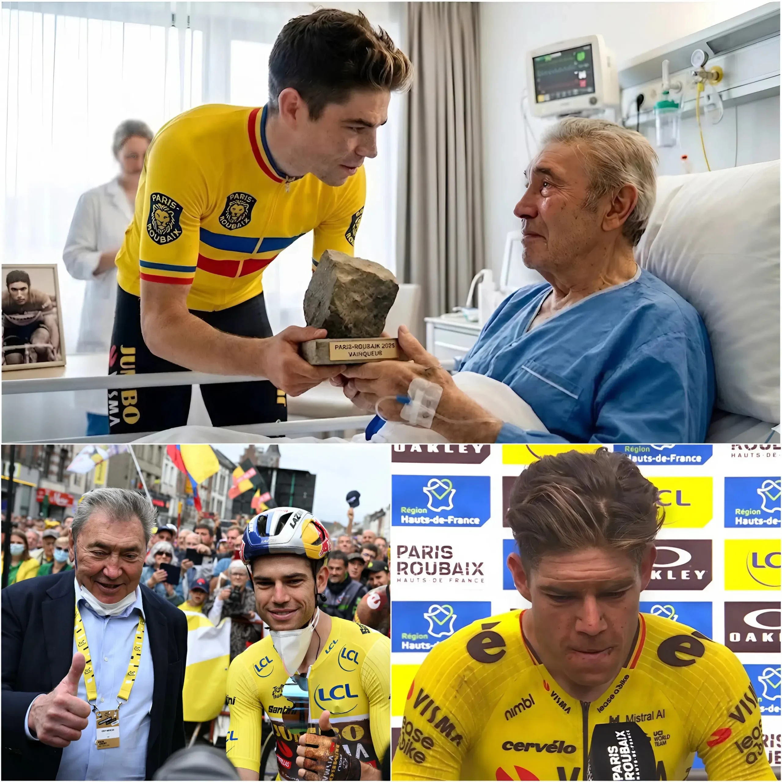 Cover Image for 🚨 BREAKING UPDATE: Immediately after his victory in Paris-Roubaix 2026, Wout van Aert received an urgent phone call in the middle of the night and left everything behind to go to the hospital to visit Eddy Merckx. When he saw the legendary rider lying exhausted in the hospital bed, Wout could not hold back his tears.