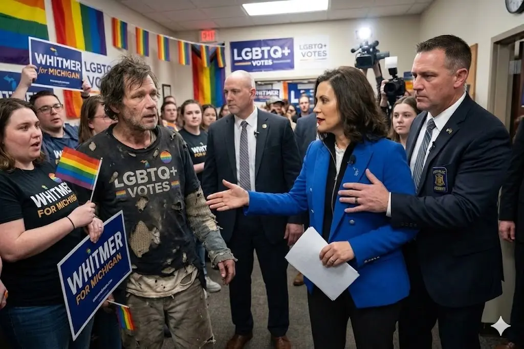 Cover Image for Security personnel were about to stop him, but Michigan Governor Gretchen Whitmer calmly raised her hand and said, “Let him come closer.” A man in his sixties, wearing an old jacket and a faded baseball cap with an LGBT logo,