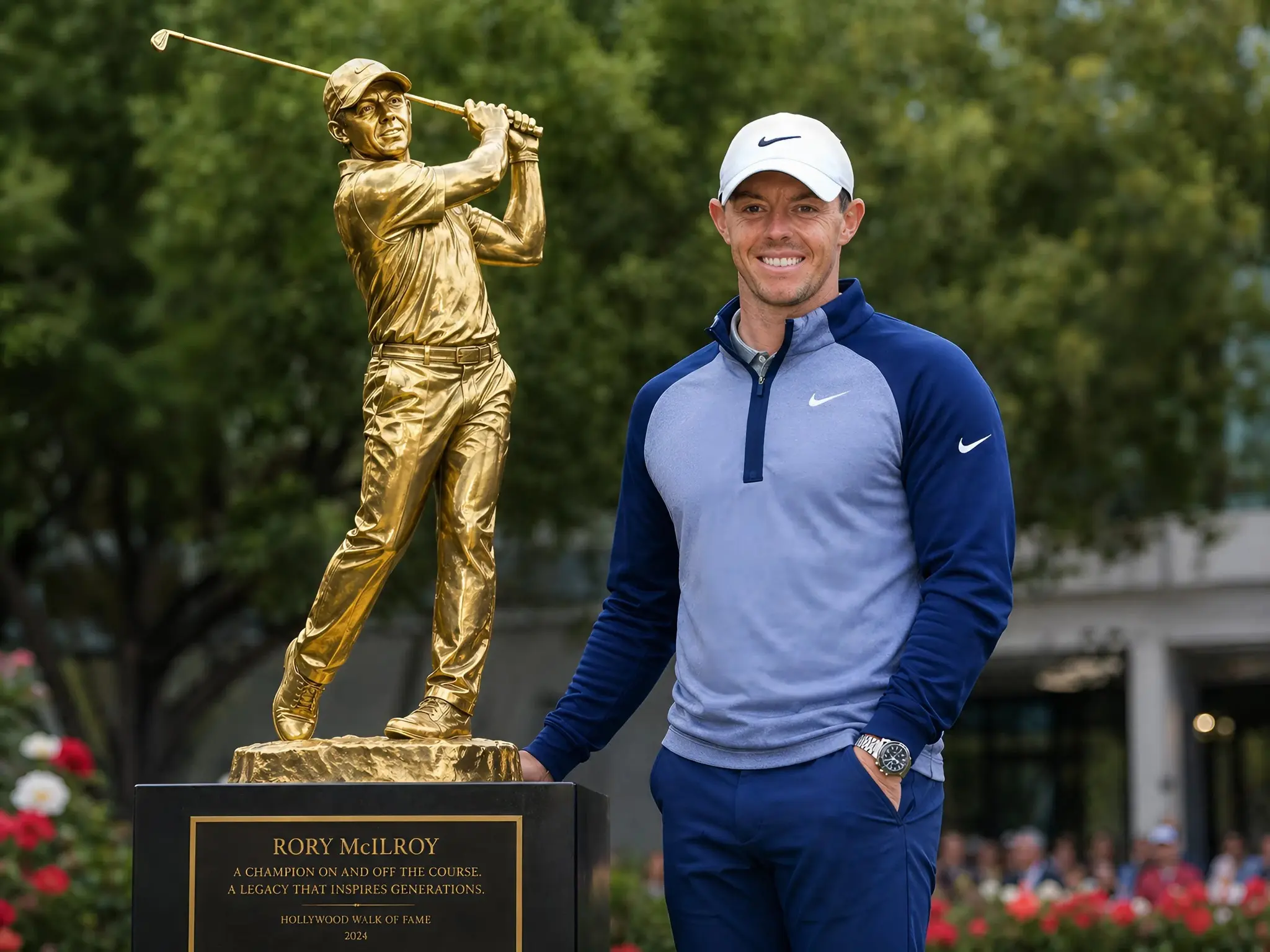 Cover Image for 🚨 In an emotional ceremony that filled the World Golf Hall of Fame with cheers and proud supporters, Rory McIlroy was honored with a rare full-body bronze statue on the Hollywood Walk of Fame — a historic tribute far beyond the traditional star plaque, celebrating a barrier-breaking pioneer of the sport. 👇