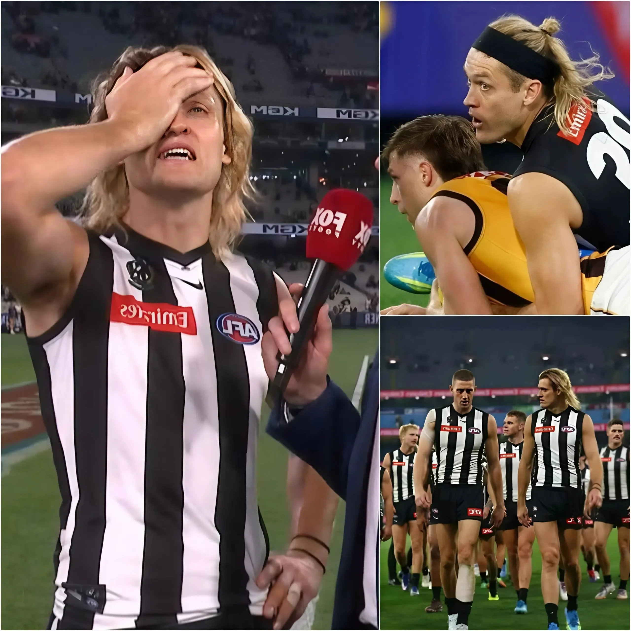 Cover Image for TEARS IN THE AFL WORLD: After losing the victory against Hawthorn in the final seconds of the game, captain Darcy Moore became the center of heavy criticism following the draw for making too many mistakes. He broke down in tears during an emotional confession: